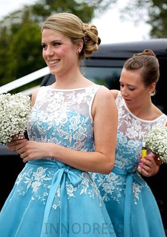 Bateau A-Line/Princess Tea-Length Organza Bridesmaid Dresses With Appliqued Tara DPP0025504