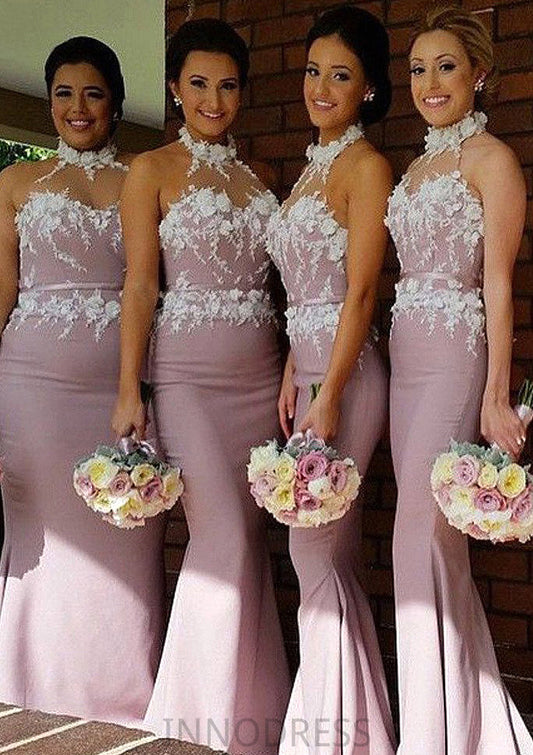 Halter Sleeveless Sweep Train Sheath/Column Satin Bridesmaid Dresses With Appliqued Jamie DPP0025515