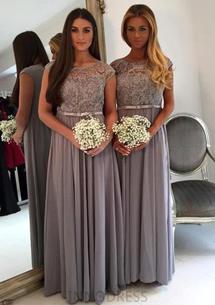 Bateau A-Line/Princess Long/Floor-Length Chiffon Bridesmaid Dresses With Appliqued Eleanor DPP0025517