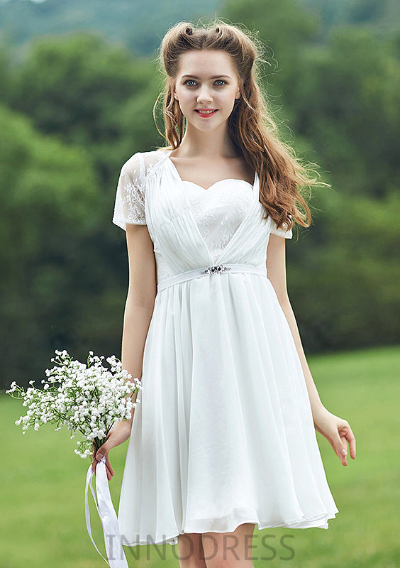 Short/Mini Scalloped Neck Short Sleeve Chiffon A-line/Princess Bridesmaid Dresseses With Lace Alani DPP0025520