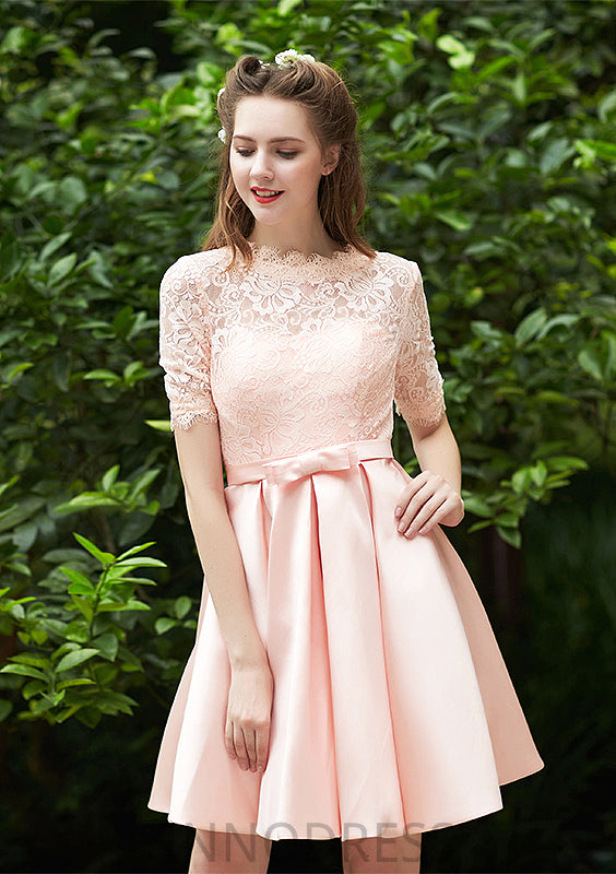 Bateau Short Sleeve Short/Mini A-line/Princess Satin Bridesmaid Dresses With Waistband Pleated Lace Reagan DPP0025521