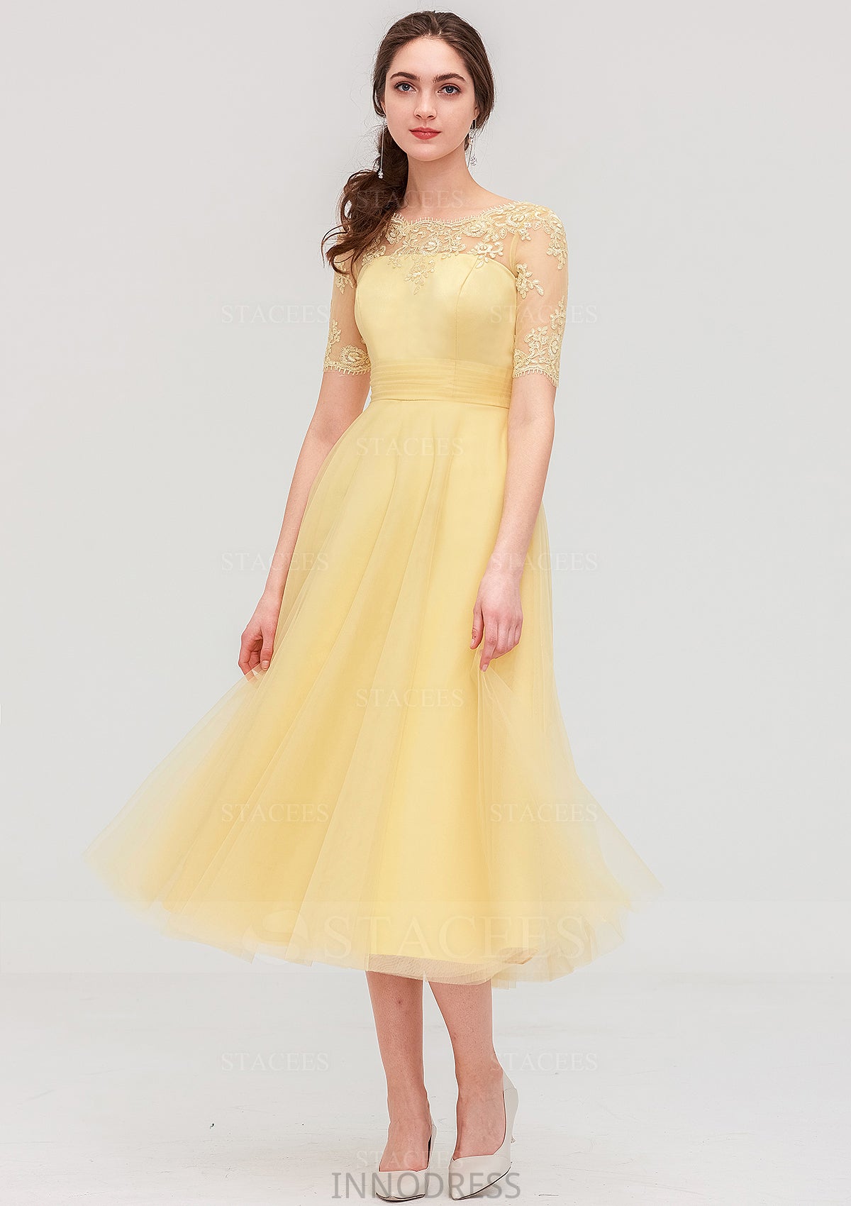 Bateau Short Sleeve A-line/Princess Tulle Tea-Length  Bridesmaid Dresses With Pleated Lace Everly DPP0025522