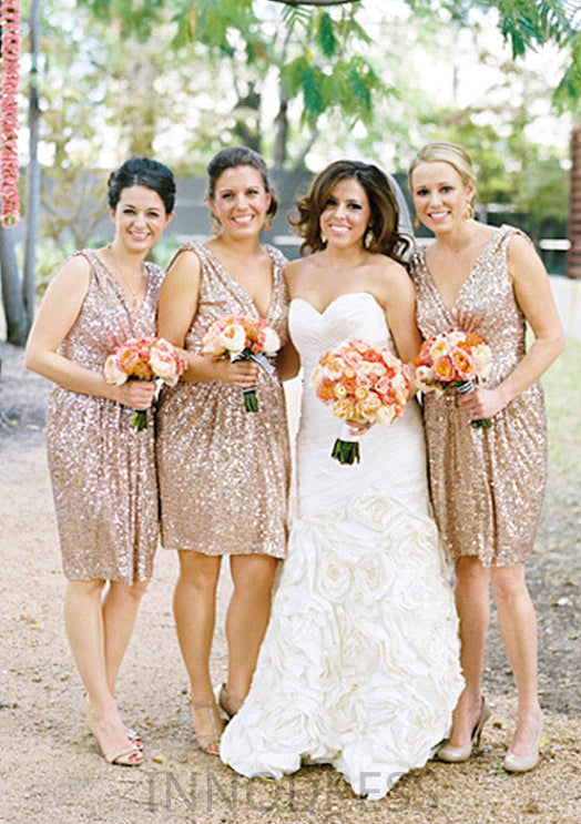 Sleeveless V Neck Knee-Length A-line/Princess Sequined Bridesmaid Dresses Emelia DPP0025527