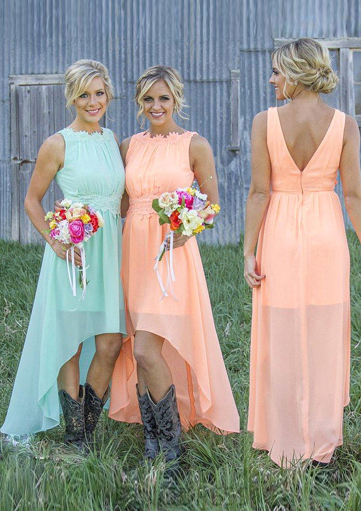 Sleeveless Bateau Asymmetrical A-Line/Princess Chiffon Bridesmaid Dresses With Appliqued Marilyn DPP0025549