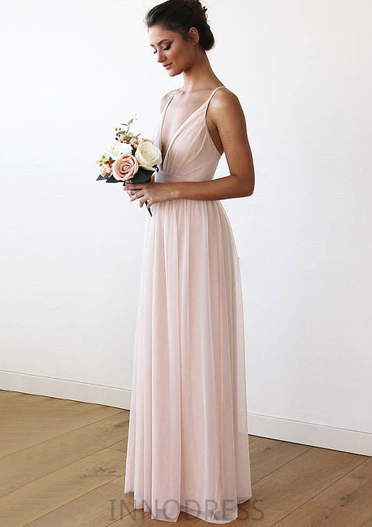 Spaghetti Straps Sleeveless V Neck Long/Floor-Length Chiffon Bridesmaid Dresses With Pleated Saige DPP0025561