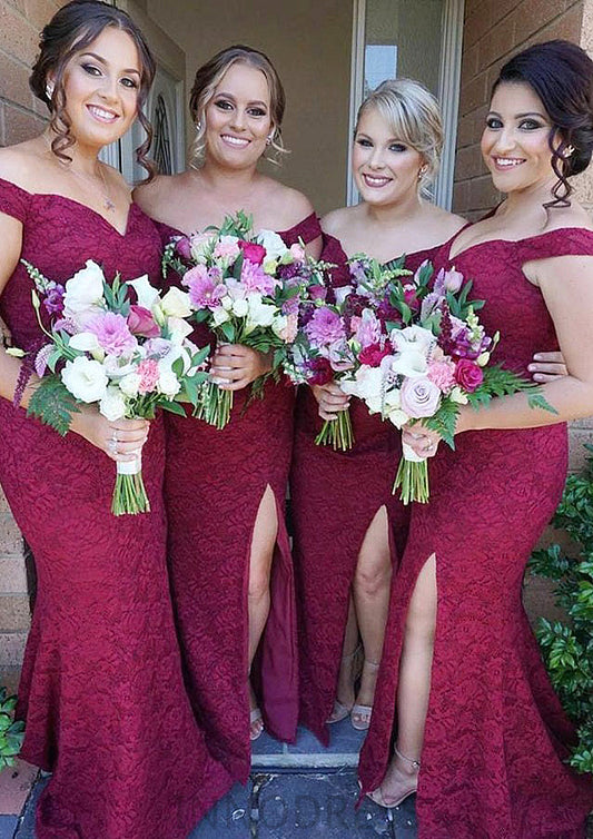 Sleeveless Off-the-Shoulder Long/Floor-Length Trumpet/Mermaid Lace Bridesmaid Dresseses With Split Brisa DPP0025562