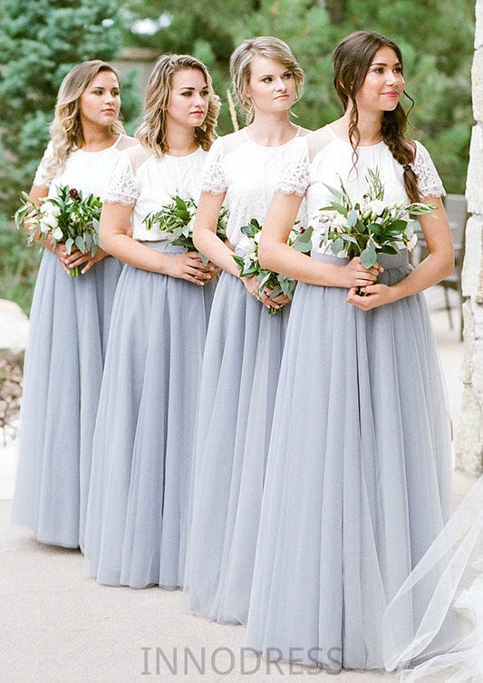 Short Sleeve Scoop Neck Long/Floor-Length A-line/Princess Tulle Bridesmaid Dresseses With Lace Rosa DPP0025563