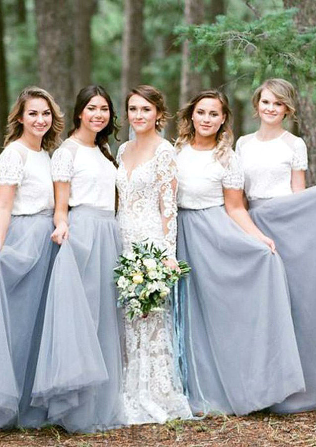 Short Sleeve Scoop Neck Long/Floor-Length A-line/Princess Tulle Bridesmaid Dresseses With Lace Rosa DPP0025563