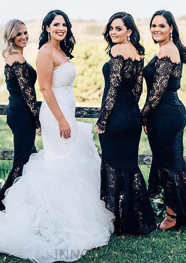 Off-the-Shoulder Full/Long Sleeve Asymmetrical Trumpet/Mermaid Lace Bridesmaid Dresseses Sydnee DPP0025566