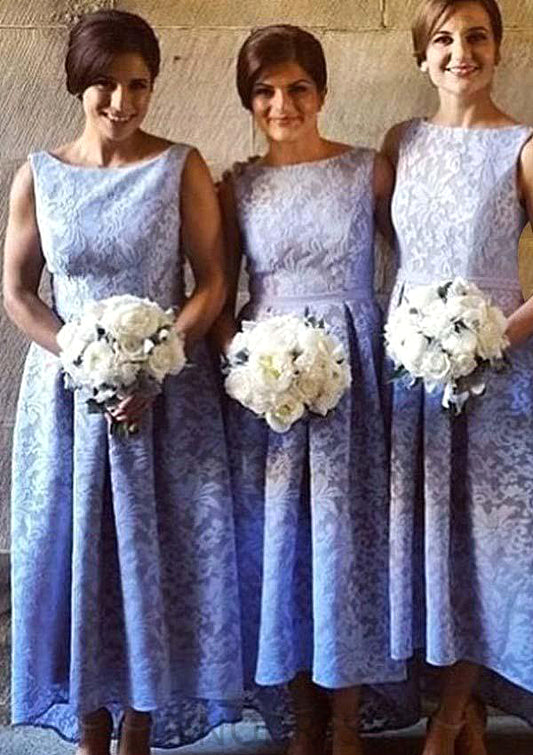 Bateau Sleeveless Asymmetrical A-line/Princess Lace Bridesmaid Dresseses With Pleated Kimora DPP0025576