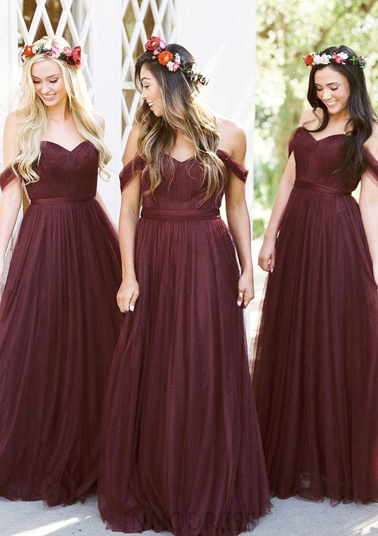 Sleeveless Off-the-Shoulder Long/Floor-Length Tulle A-line/Princess Bridesmaid Dresseses With Pleated Reina DPP0025591