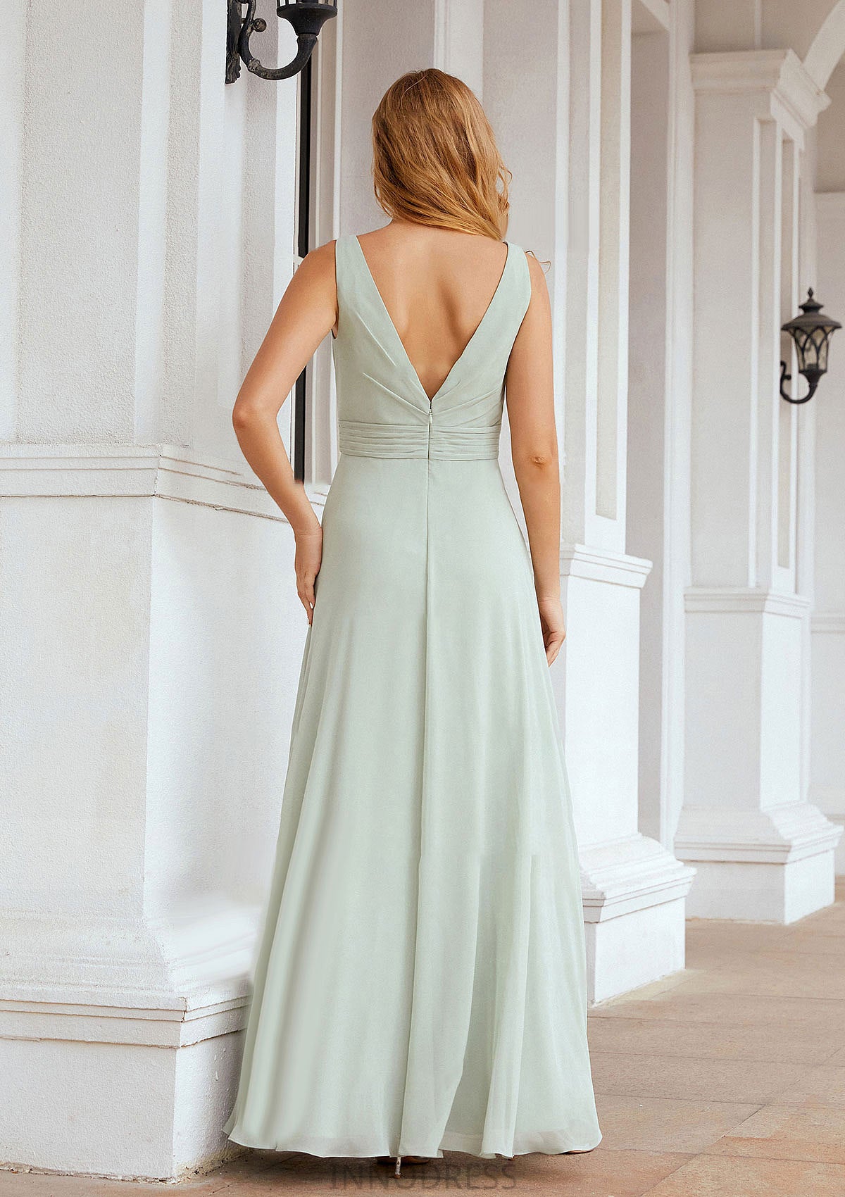 A-line Bateau Sleeveless Chiffon Long/Floor-Length Bridesmaid Dresses Ruffles Pleated Kaiya DPP0025608