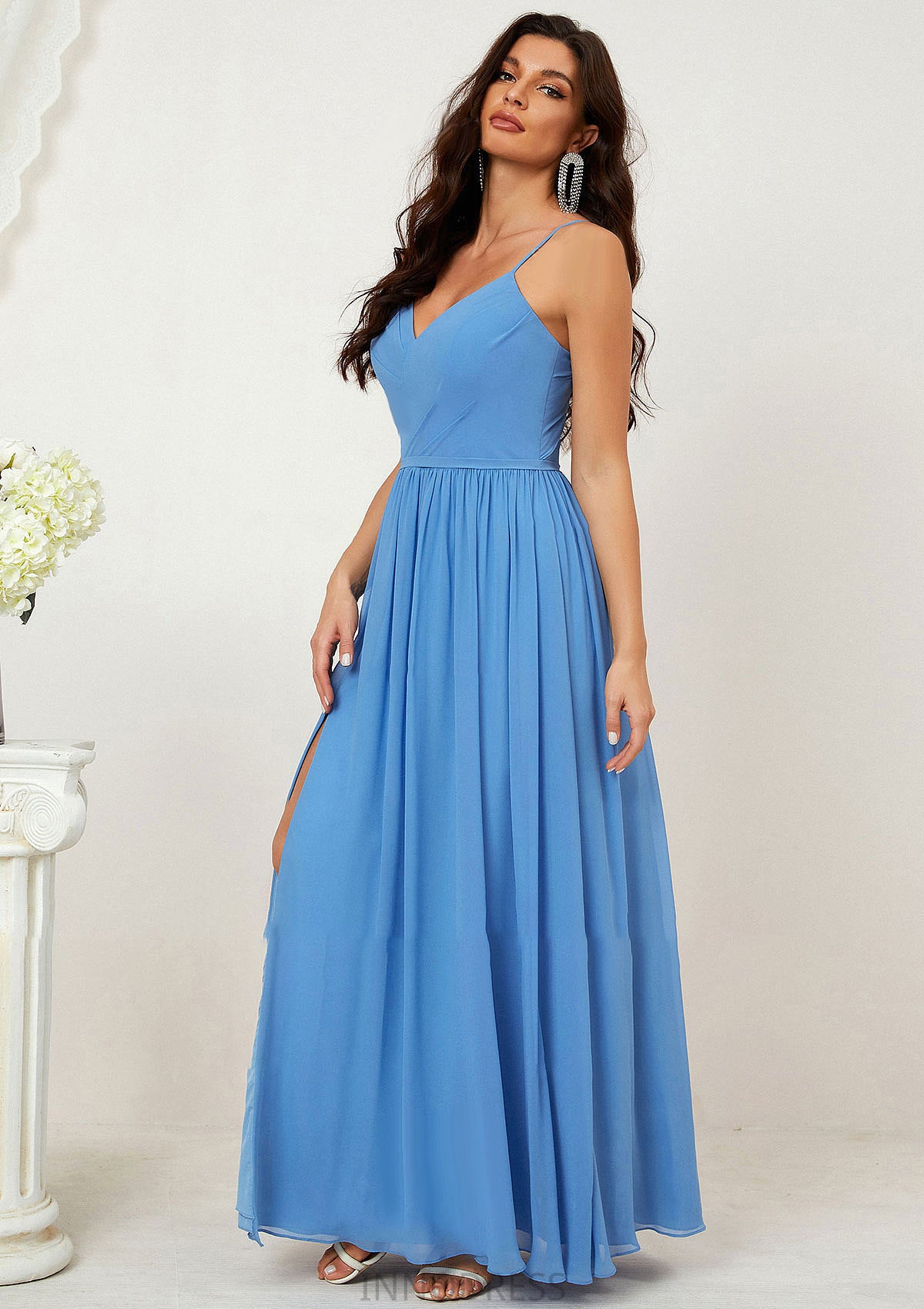 A-line V Neck Sleeveless Chiffon Long/Floor-Length Bridesmaid Dresses With Pleated Split Heidi DPP0025609