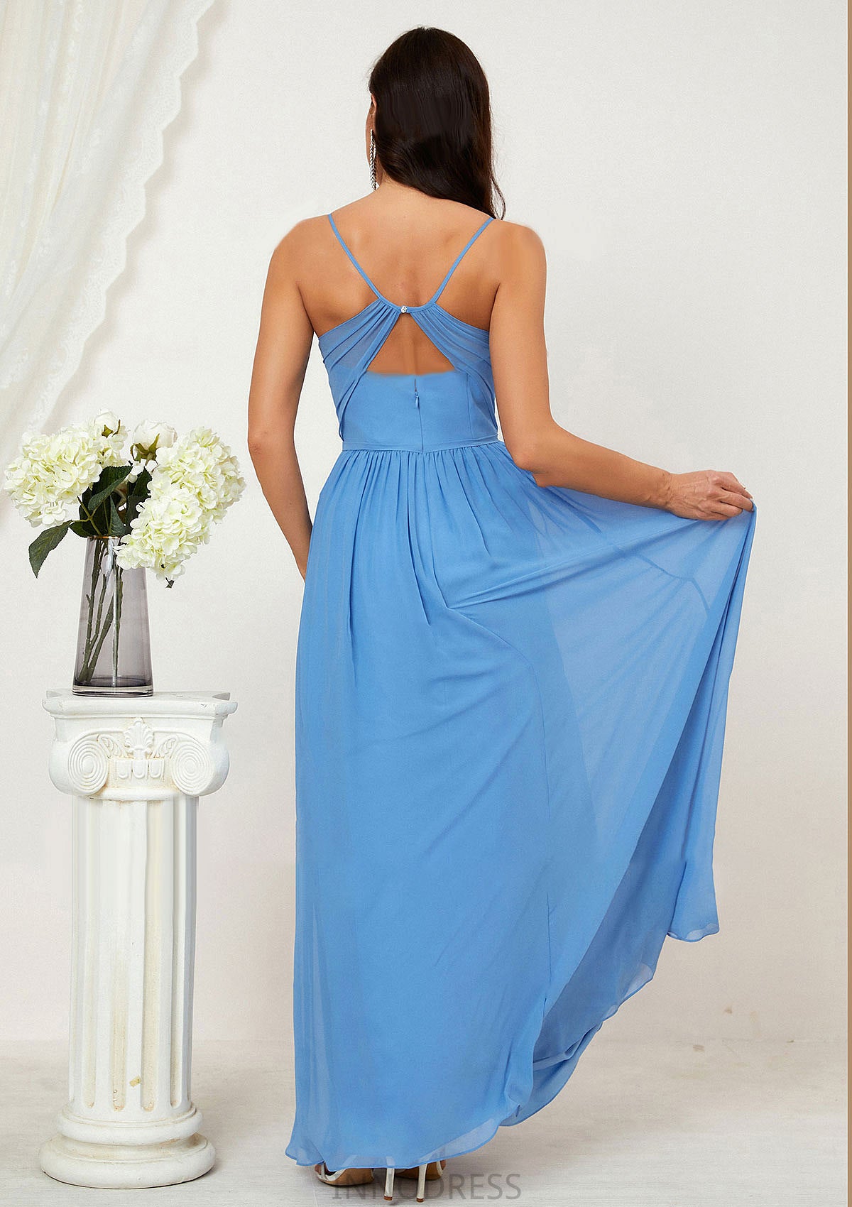 A-line V Neck Sleeveless Chiffon Long/Floor-Length Bridesmaid Dresses With Pleated Split Heidi DPP0025609