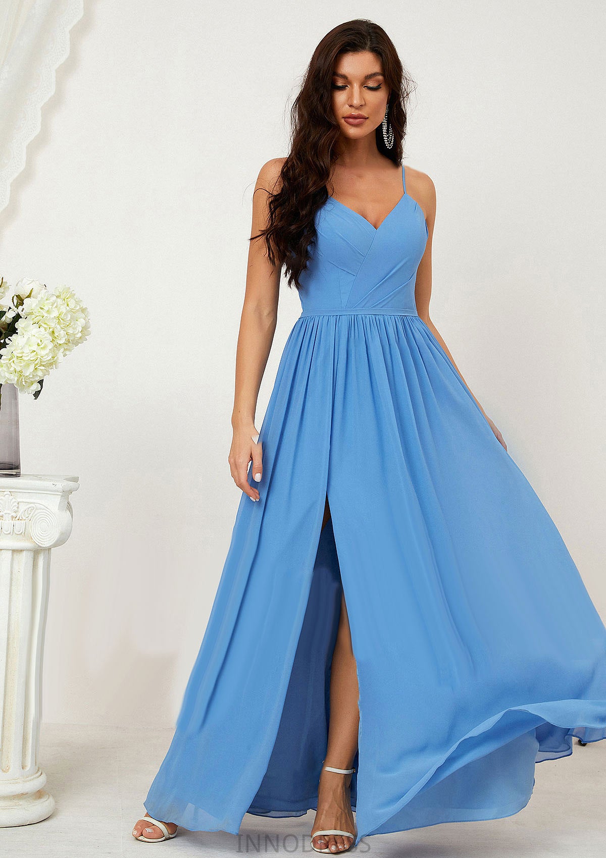 A-line V Neck Sleeveless Chiffon Long/Floor-Length Bridesmaid Dresses With Pleated Split Heidi DPP0025609