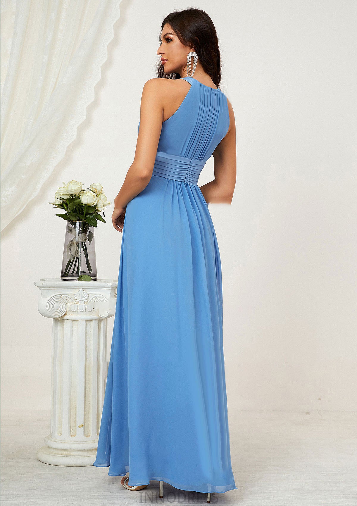 A-line Halter Sleeveless Chiffon Long/Floor-Length Bridesmaid Dresses With Pleated Aubrey DPP0025610