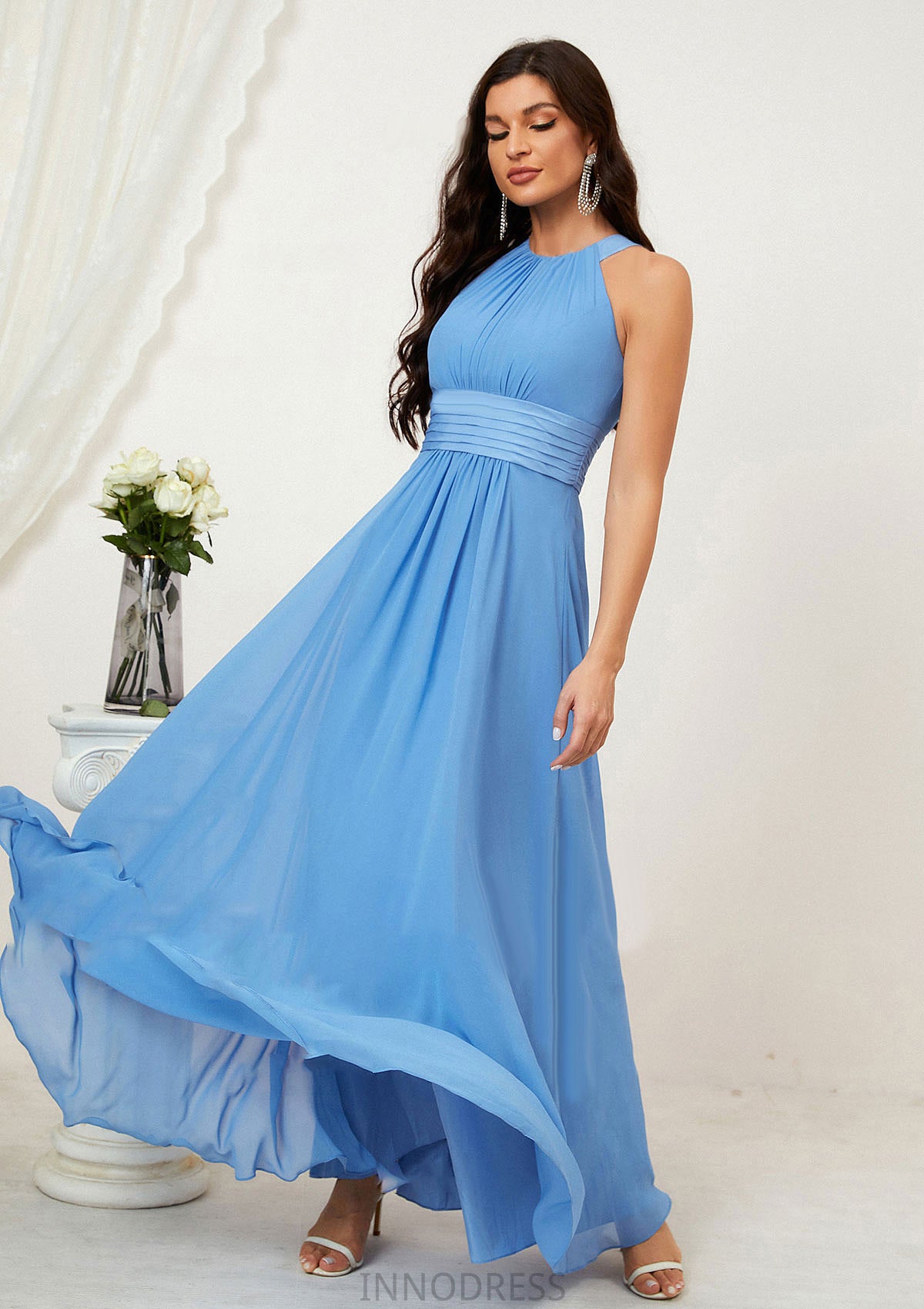 A-line Halter Sleeveless Chiffon Long/Floor-Length Bridesmaid Dresses With Pleated Aubrey DPP0025610