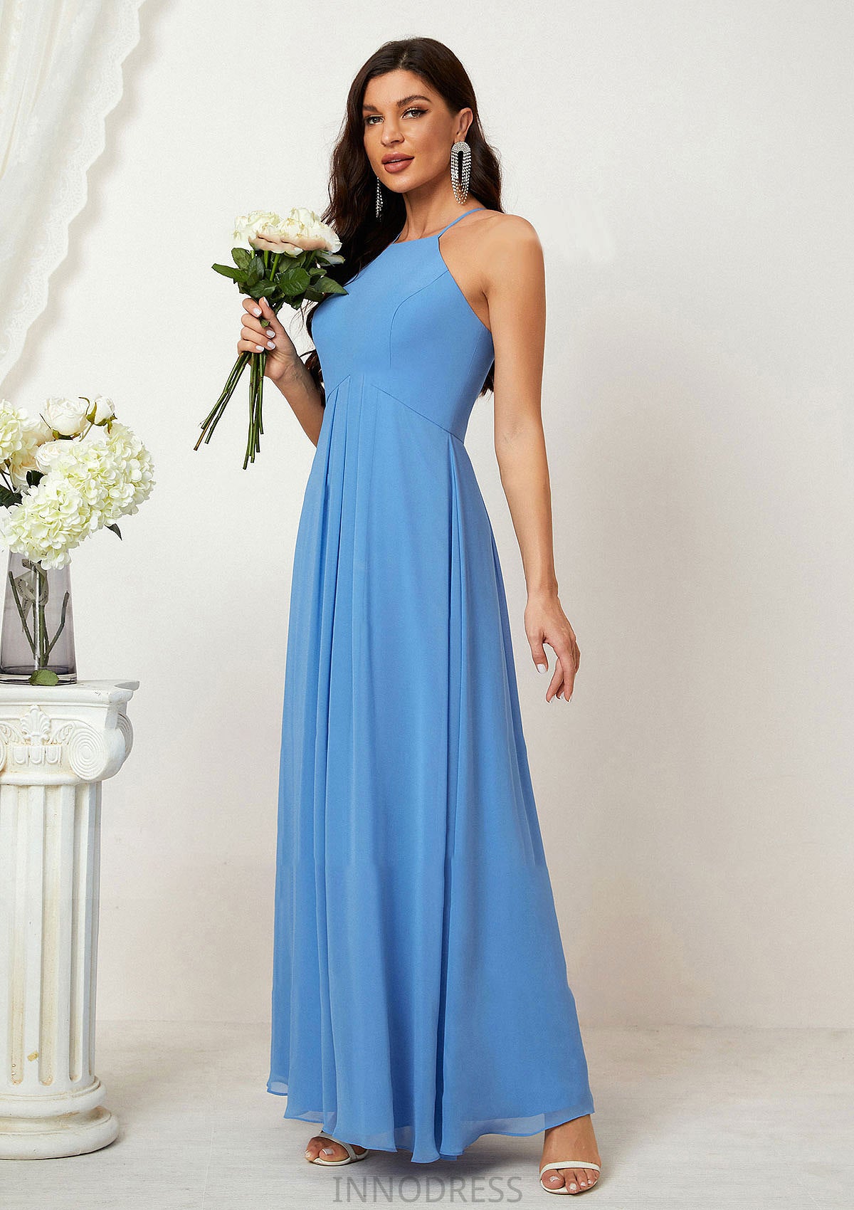 A-line Empire Halter Sleeveless Chiffon Long/Floor-Length Bridesmaid Dresses With Ruffles Mikayla DPP0025611