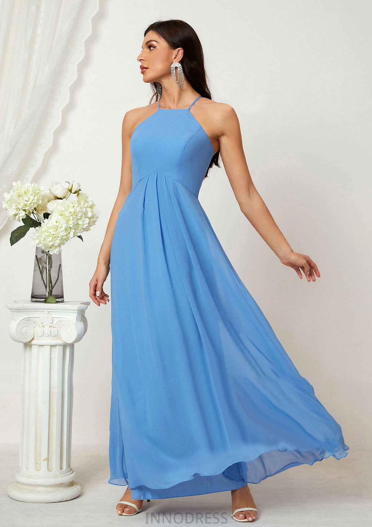 A-line Empire Halter Sleeveless Chiffon Long/Floor-Length Bridesmaid Dresses With Ruffles Mikayla DPP0025611