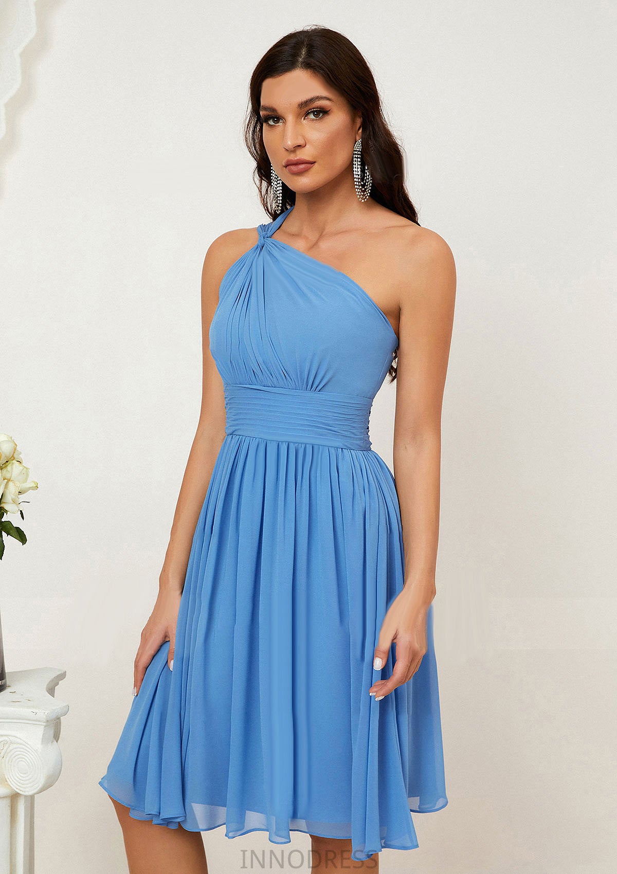 A-line One-Shoulder Sleeveless Chiffon Knee-Length Bridesmaid Dresses With Pleated Sherry DPP0025612