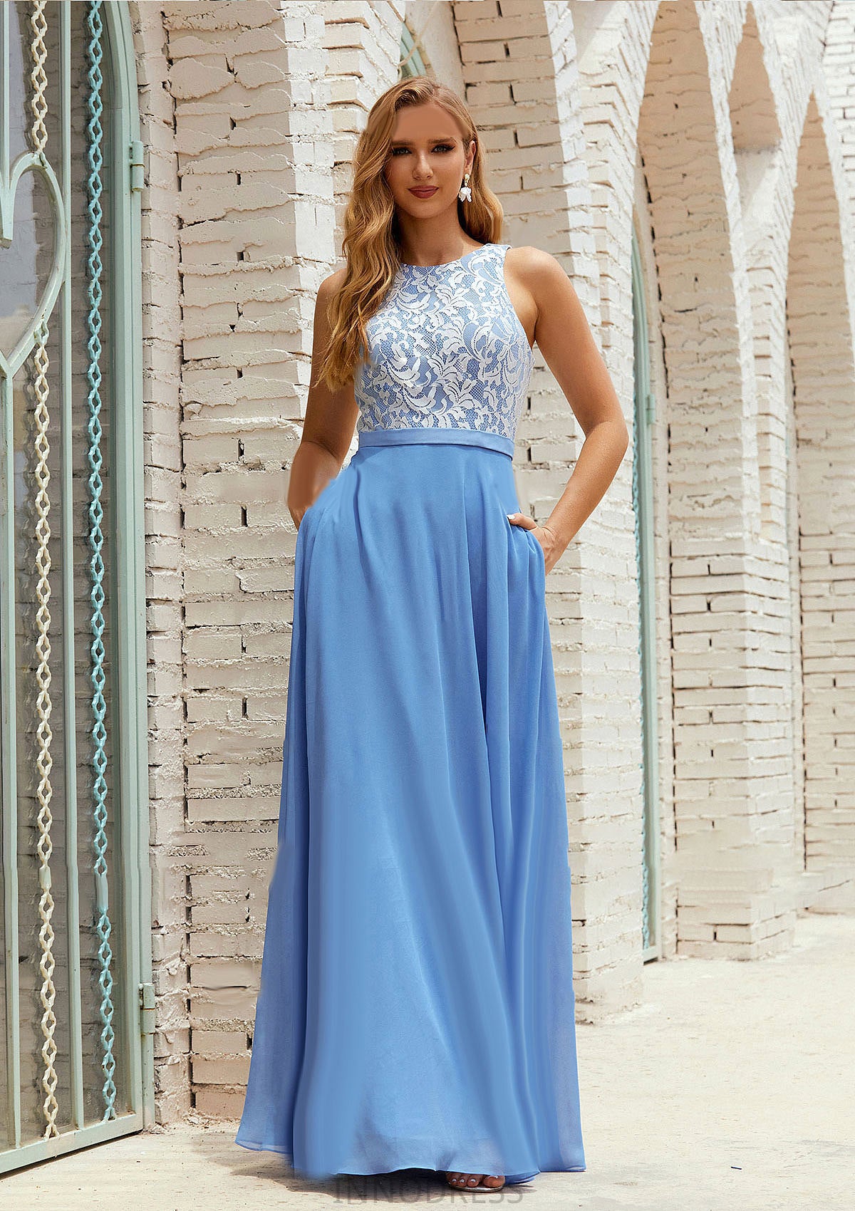 A-line Scoop Neck Sleeveless Chiffon Long/Floor-Length Bridesmaid Dresses With Pockets Lace Anahi DPP0025616