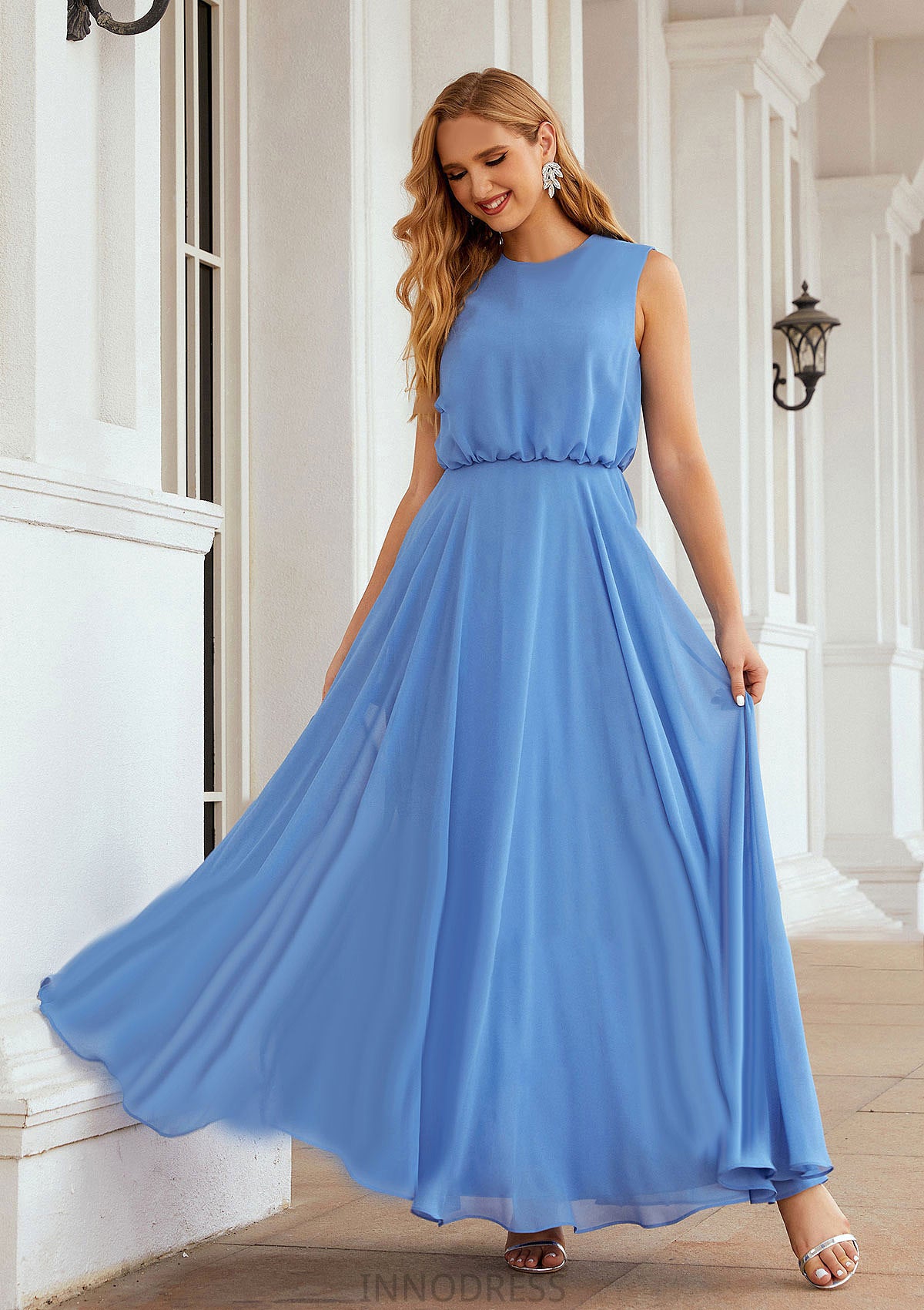 A-line Scoop Neck Sleeveless Chiffon Long/Floor-Length Bridesmaid Dresses EmeryPiper DPP0025618