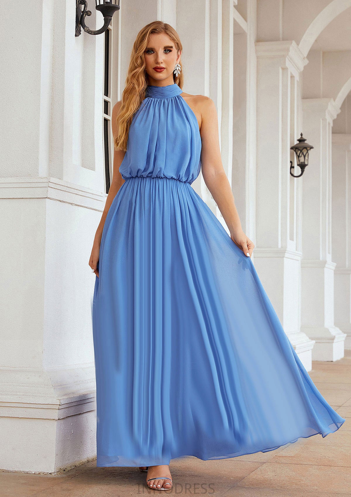 A-line Empire High-Neck Sleeveless Chiffon Long/Floor-Length Bridesmaid Dresses With Pleated Donna DPP0025619