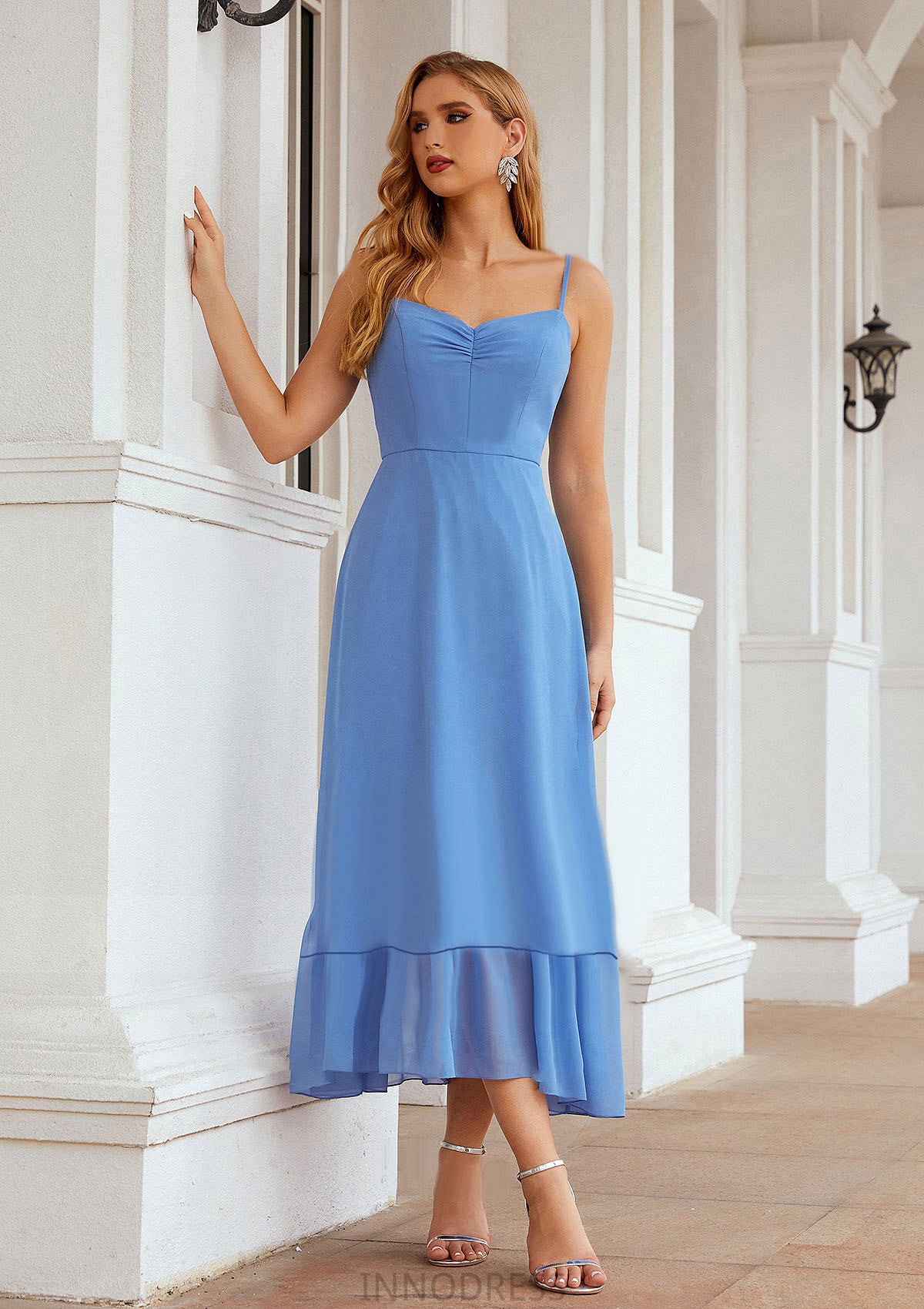 A-line Sweetheart Sleeveless Chiffon Tea-Length Bridesmaid Dresses With Pleated Caroline DPP0025620