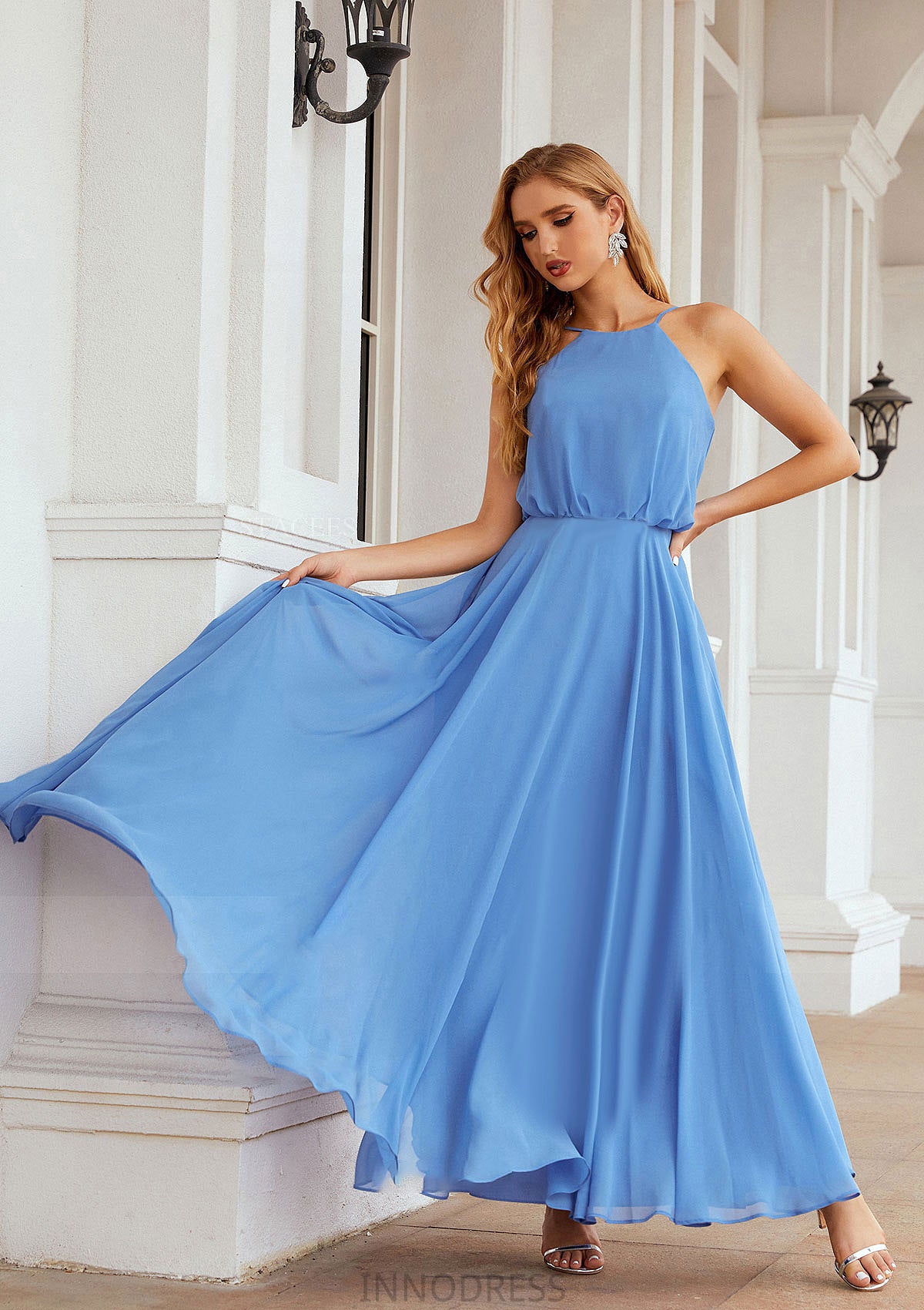 A-line Halter Sleeveless Chiffon Long/Floor-Length Bridesmaid Dresses With Pleated Baylee DPP0025621