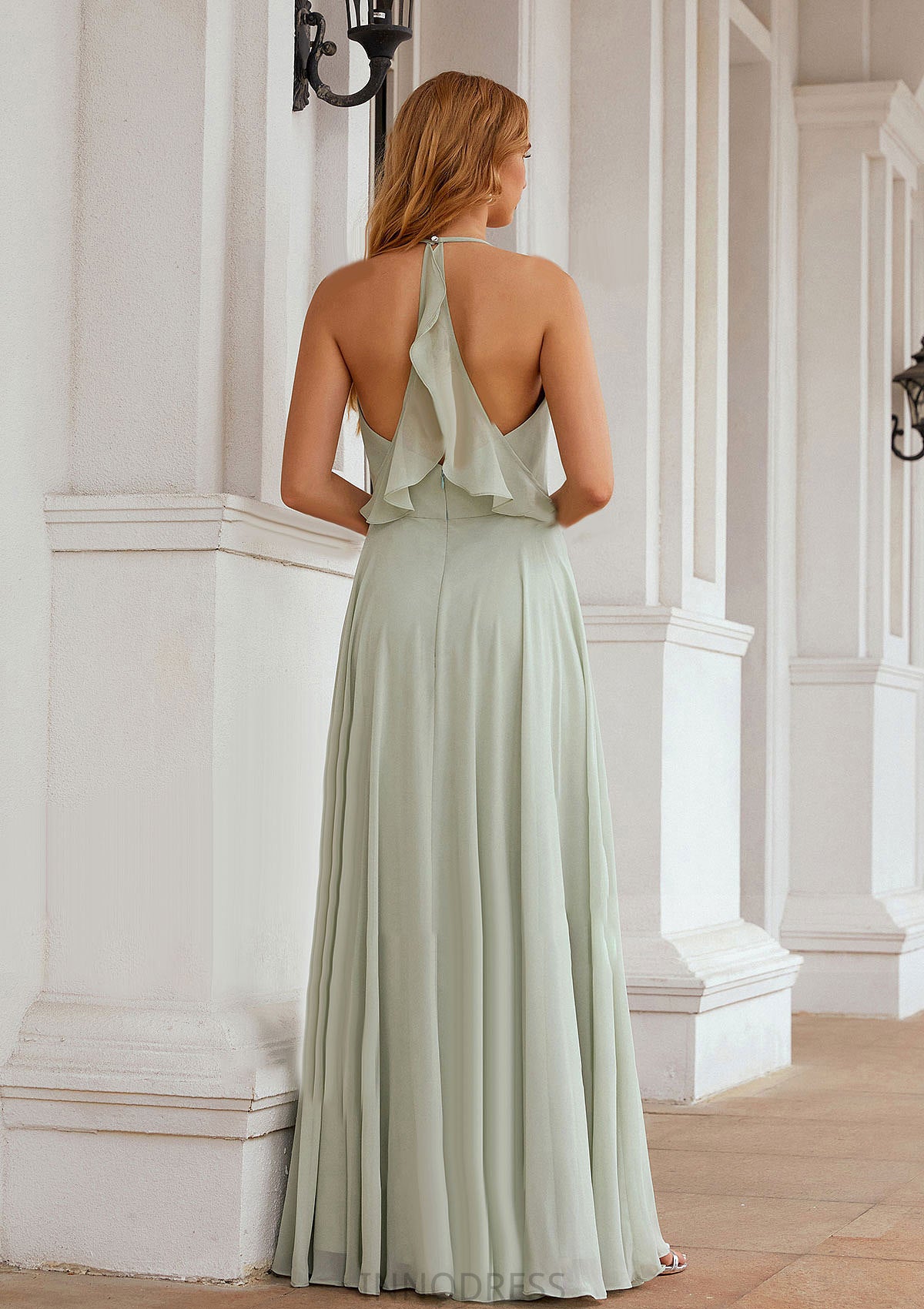 A-line Halter Sleeveless Chiffon Long/Floor-Length Bridesmaid Dresses With Pleated Ruffles Annabelle DPP0025623