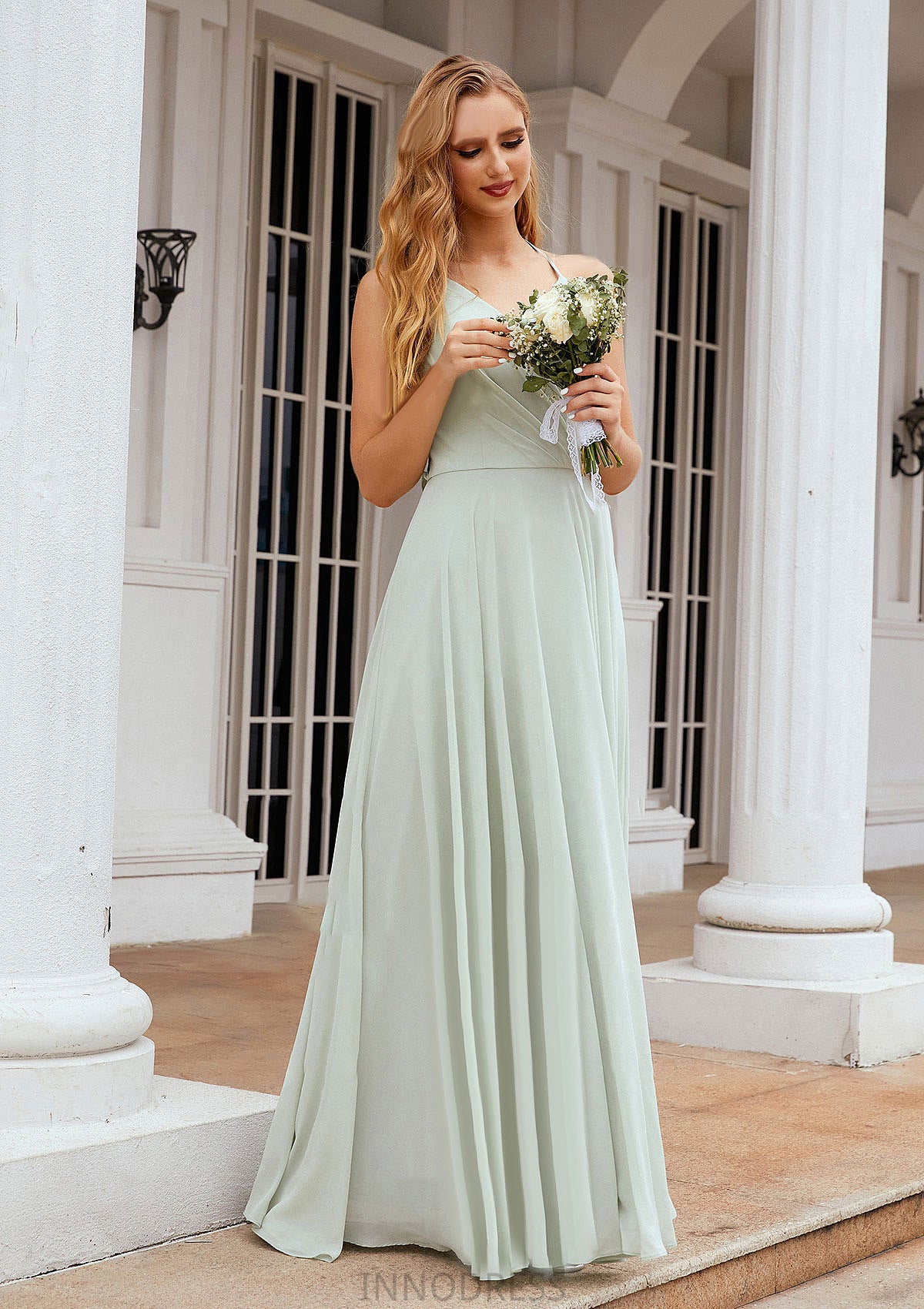 A-line Halter Sleeveless Chiffon Long/Floor-Length Bridesmaid Dresses With Pleated Ruffles Annabelle DPP0025623