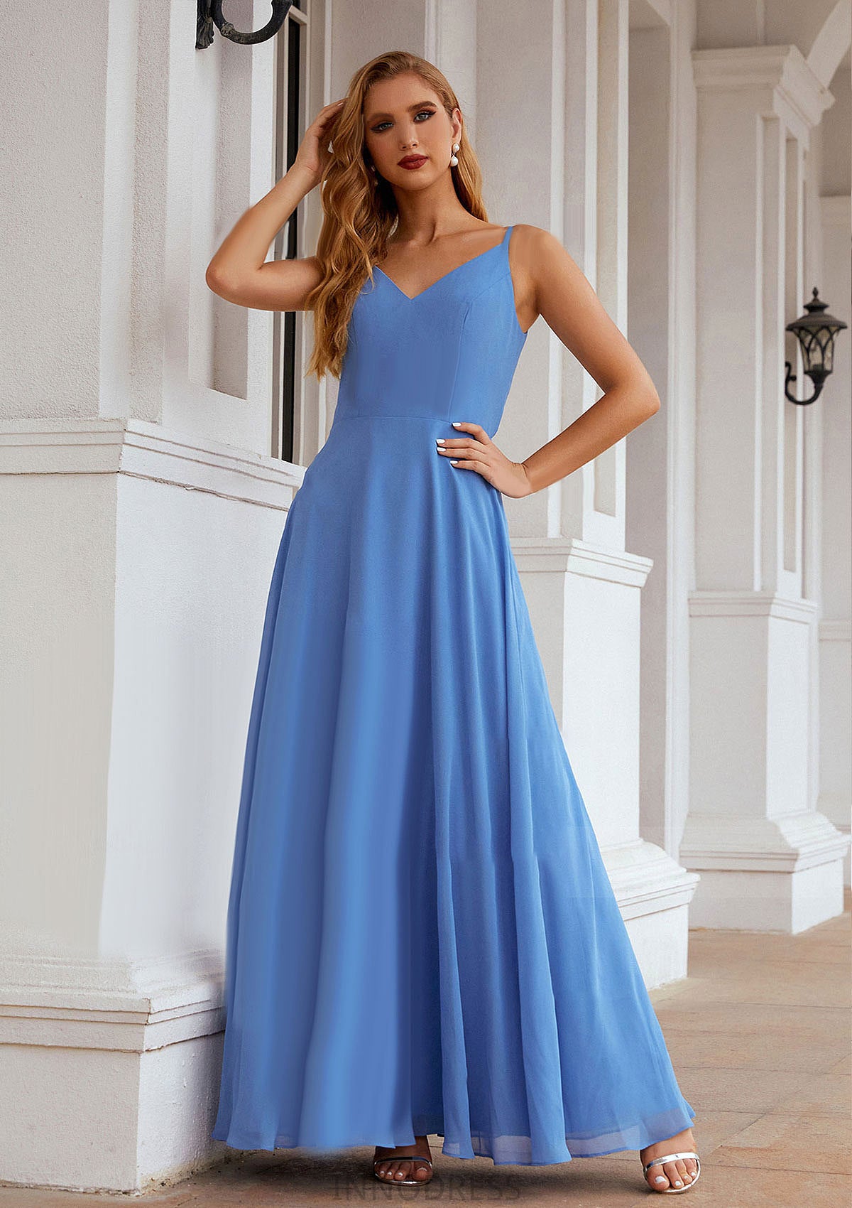 A-line Empire V Neck Long/Floor-Length Chiffon Bridesmaid Dresses With Pleated Moira DPP0025624