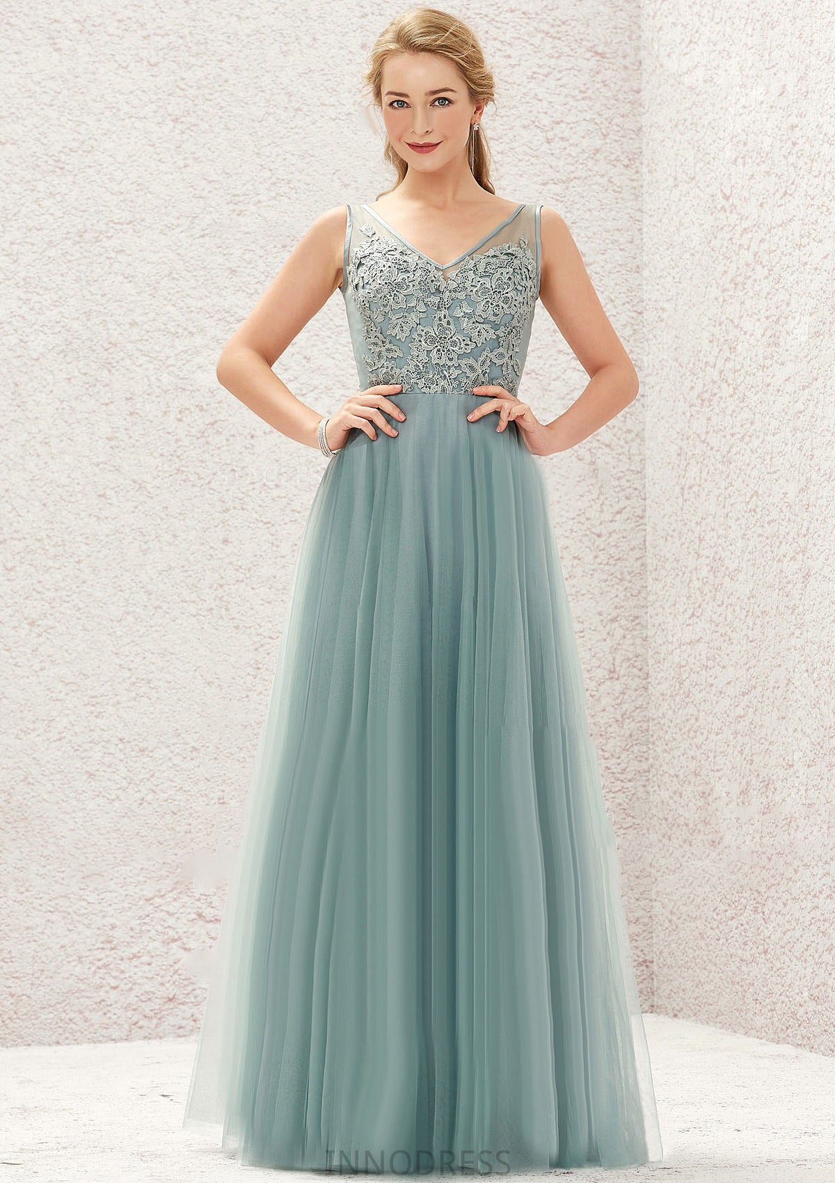 A-line V Neck Sleeveless Tulle Long/Floor-Length Bridesmaid Dresses With Lace Eileen DPP0025628