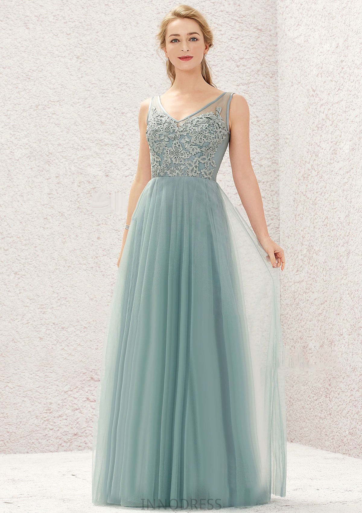 A-line V Neck Sleeveless Tulle Long/Floor-Length Bridesmaid Dresses With Lace Eileen DPP0025628