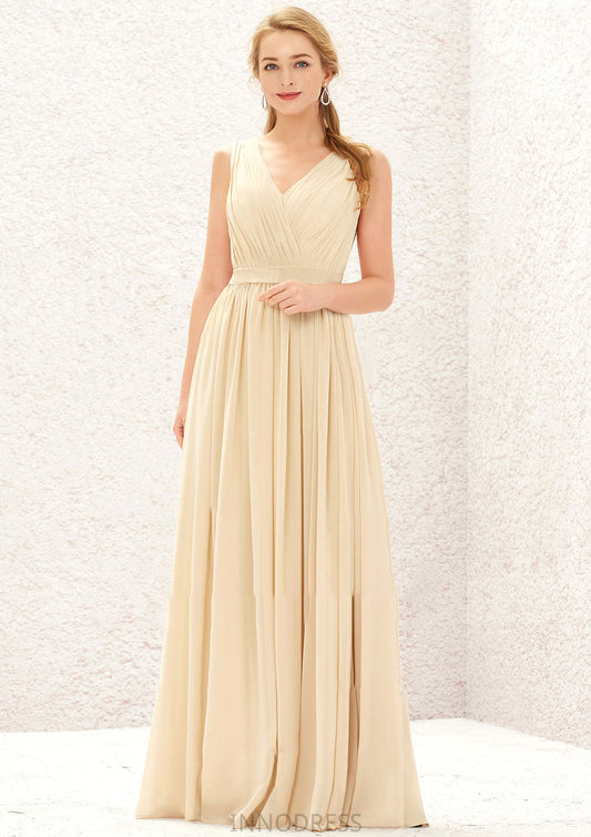 A-line V Neck Sleeveless Chiffon Long/Floor-Length Bridesmaid Dresses With Appliqued Sashes Pleated Angela DPP0025630