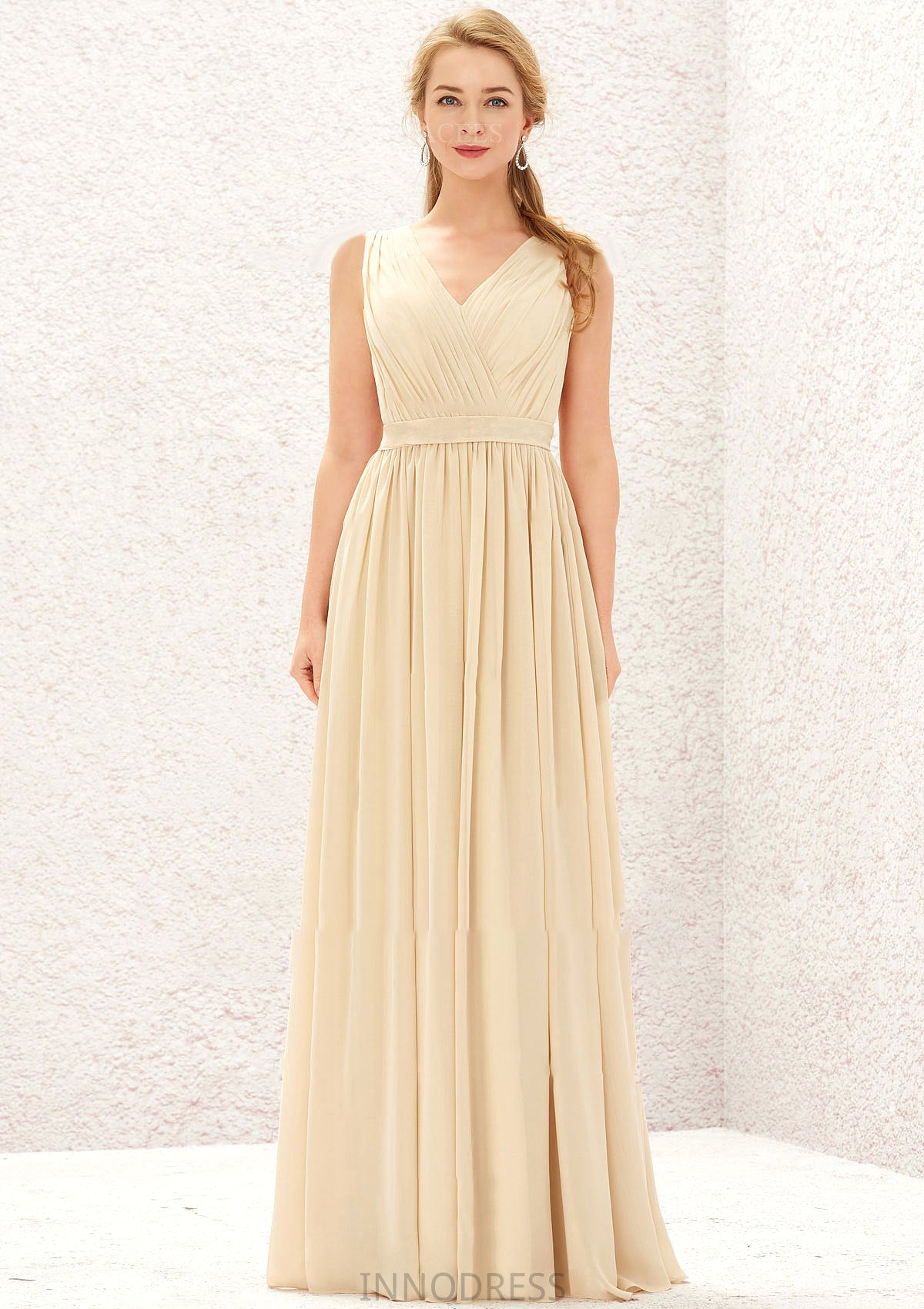 A-line V Neck Sleeveless Chiffon Long/Floor-Length Bridesmaid Dresses With Appliqued Sashes Pleated Angela DPP0025630