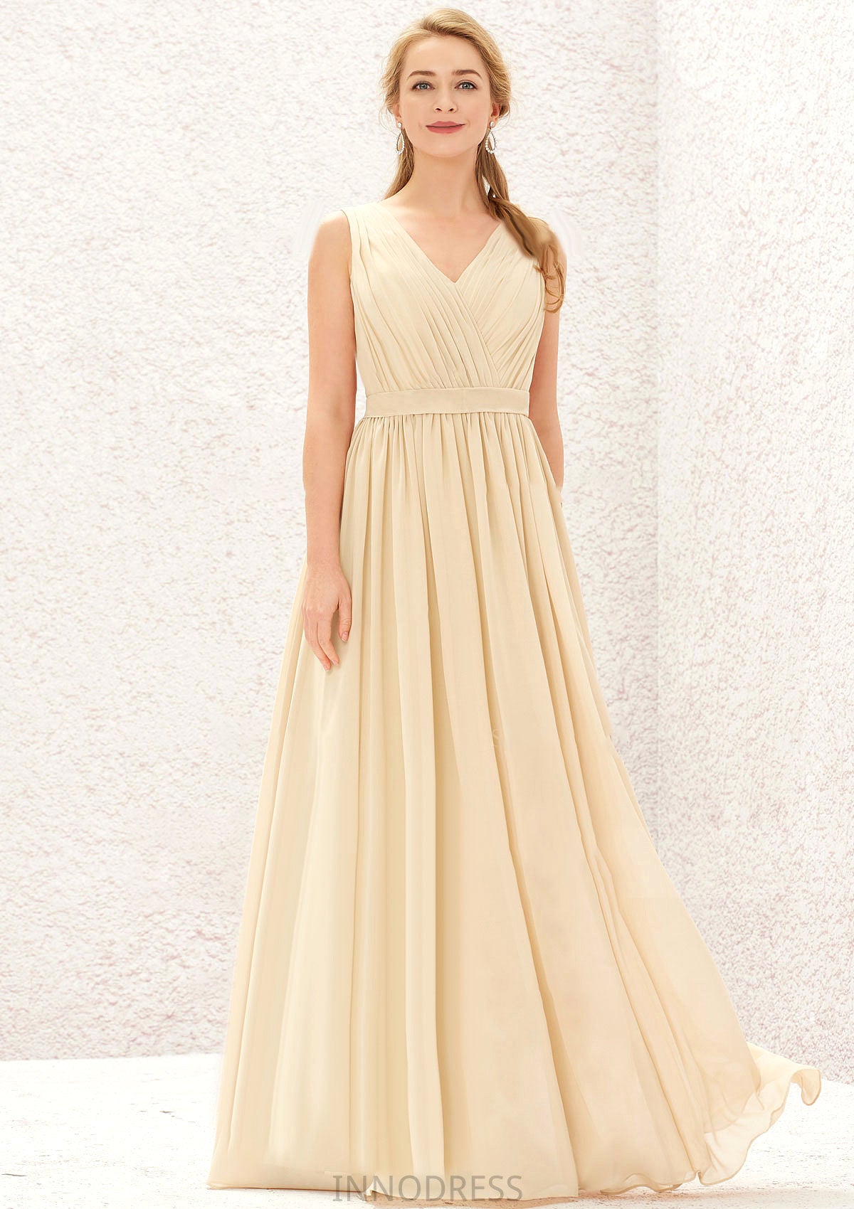 A-line V Neck Sleeveless Chiffon Long/Floor-Length Bridesmaid Dresses With Appliqued Sashes Pleated Angela DPP0025630