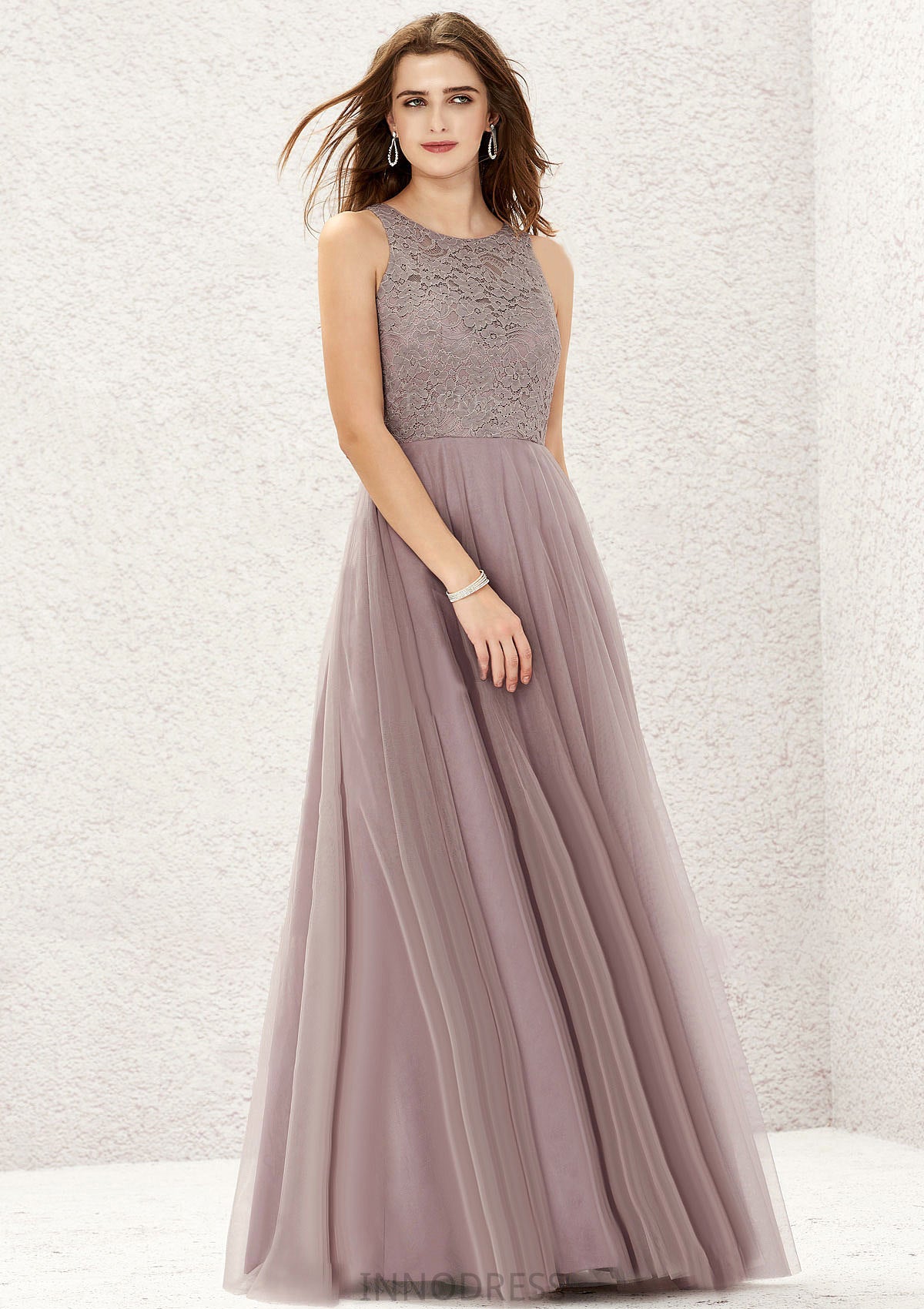 A-line Scoop Neck Sleeveless Lace Tulle Long/Floor-Length Bridesmaid Dresses Liz DPP0025631