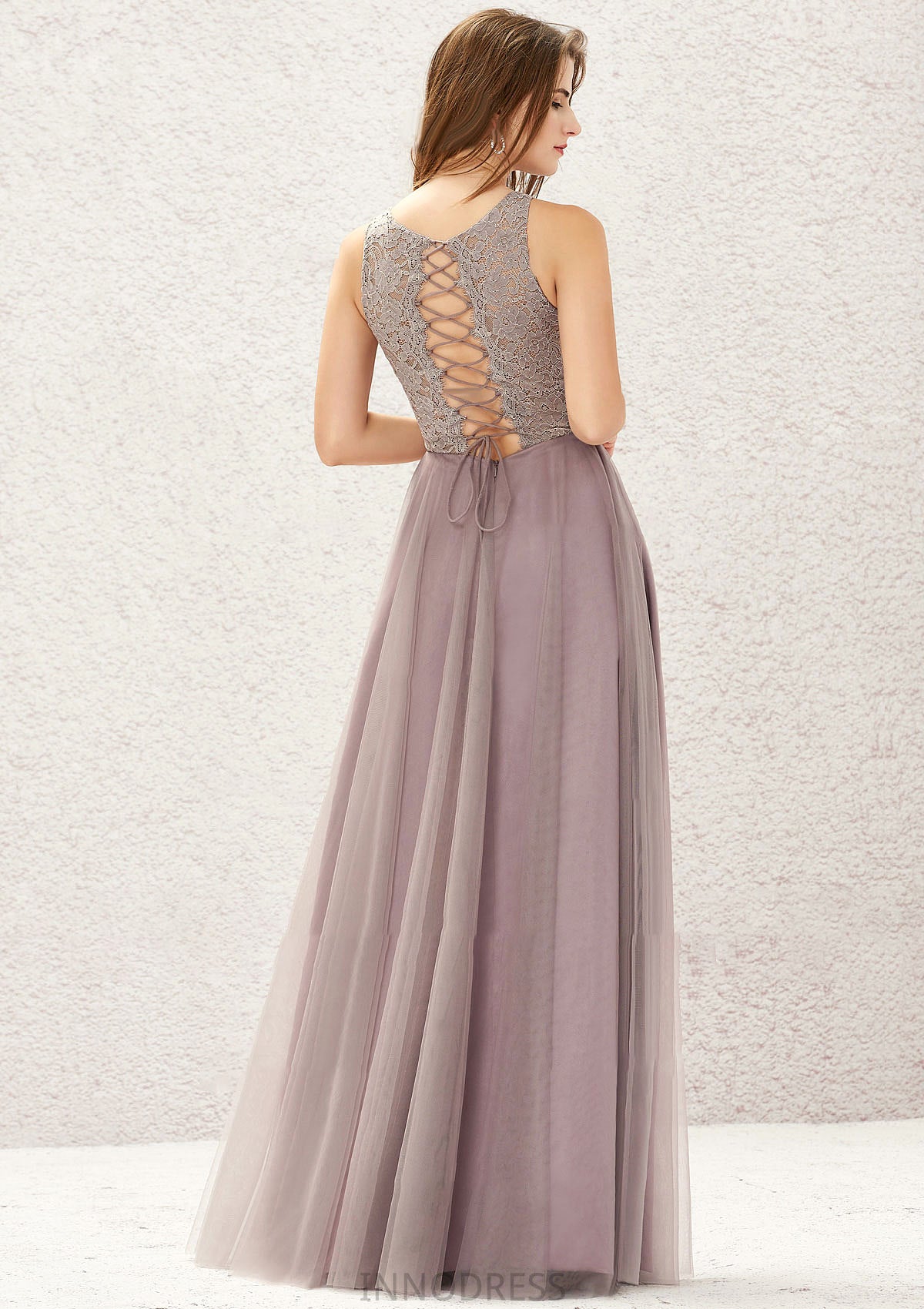 A-line Scoop Neck Sleeveless Lace Tulle Long/Floor-Length Bridesmaid Dresses Liz DPP0025631