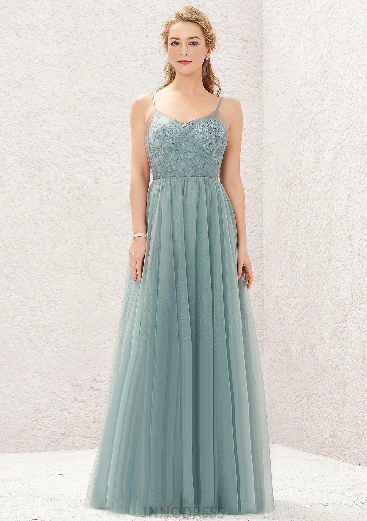 Princess A-line V Neck Sleeveless Tulle Long/Floor-Length Bridesmaid Dresses With Pleated Appliqued Meghan DPP0025633