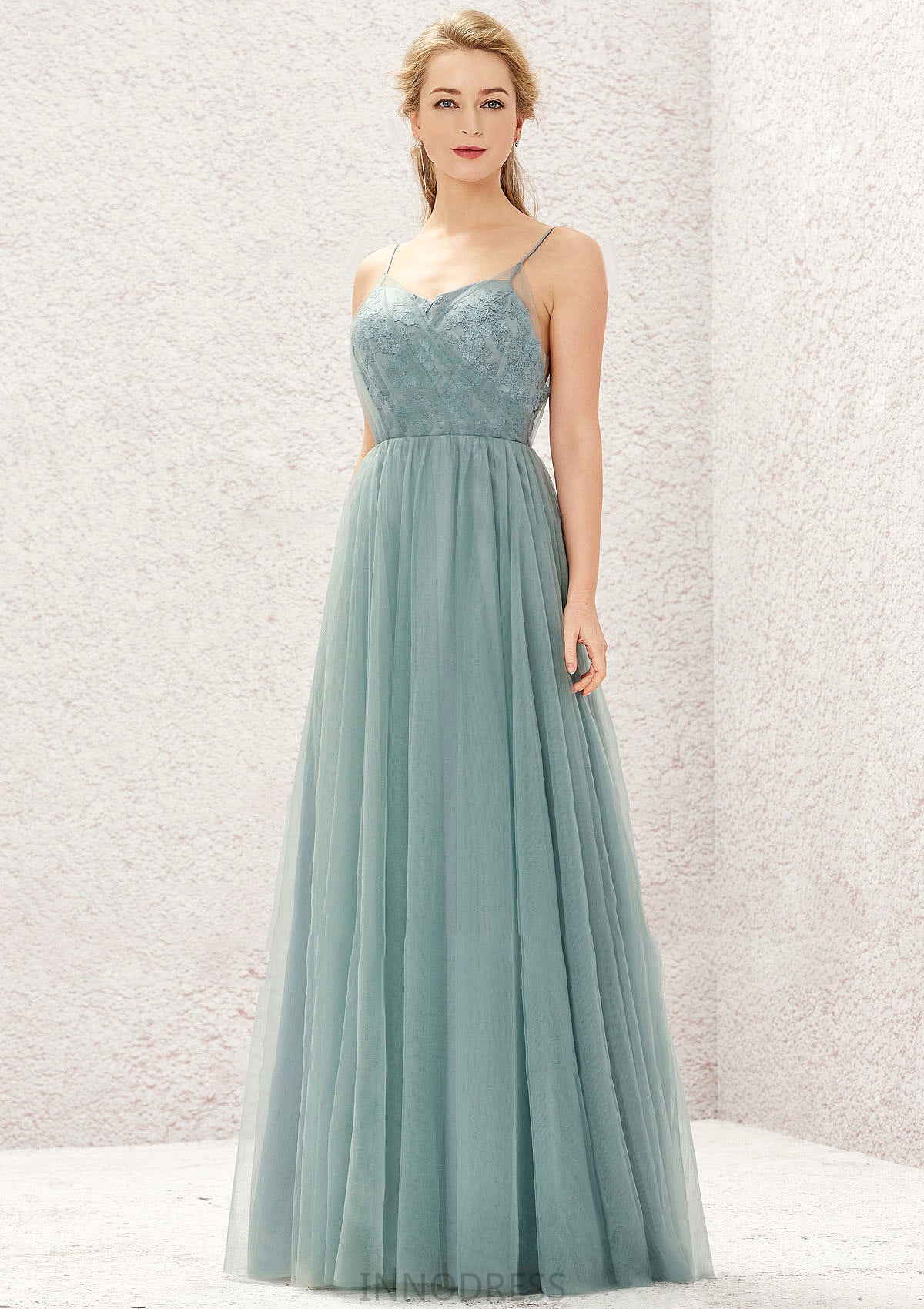 Princess A-line V Neck Sleeveless Tulle Long/Floor-Length Bridesmaid Dresses With Pleated Appliqued Meghan DPP0025633