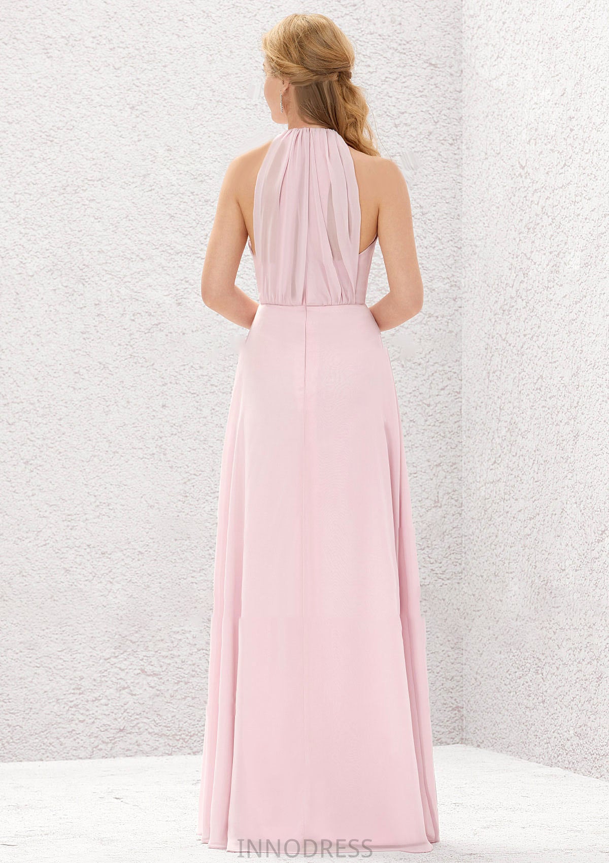 A-line Halter Sleeveless Chiffon Long/Floor-Length Bridesmaid Dresses With Pleated Lea DPP0025634