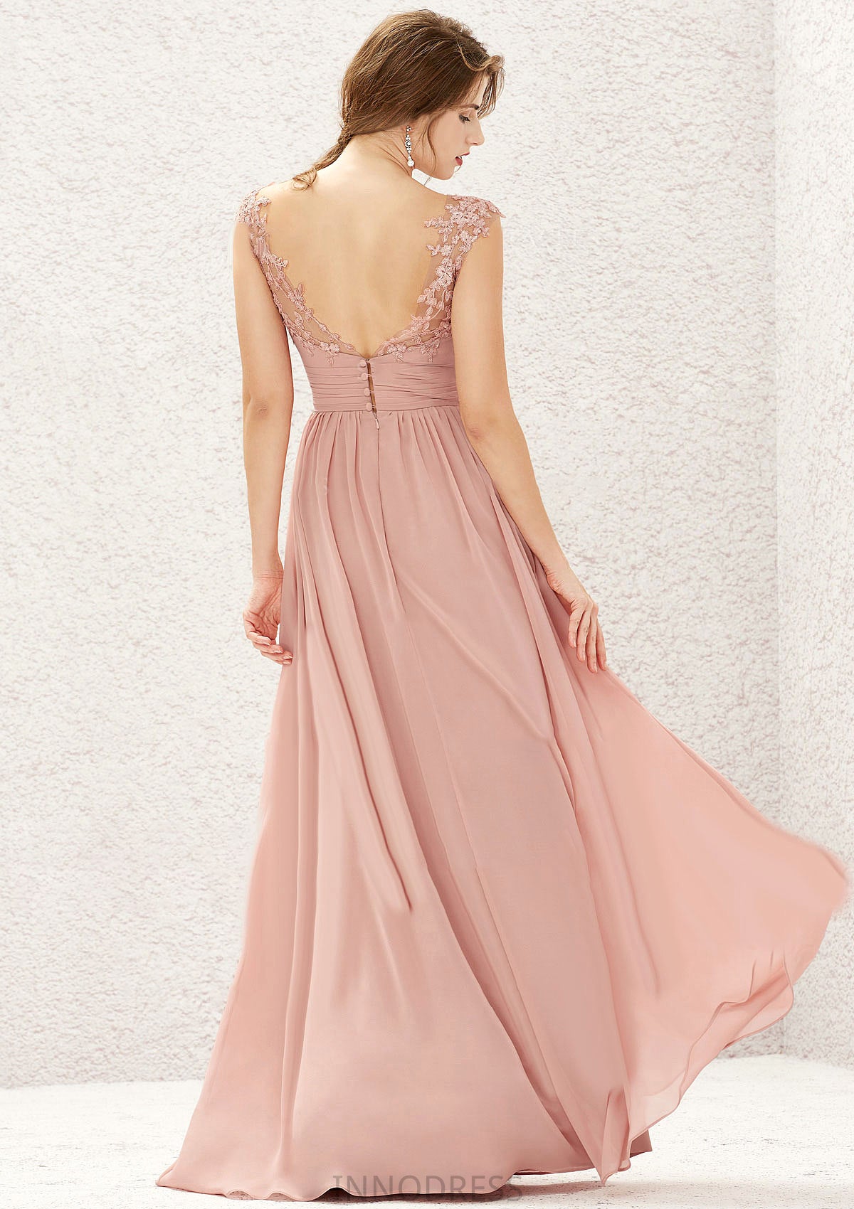 A-line Illusion Neck Sleeveless Chiffon Long/Floor-Length Bridesmaid Dresses With Appliqued Pleated Natalee DPP0025636