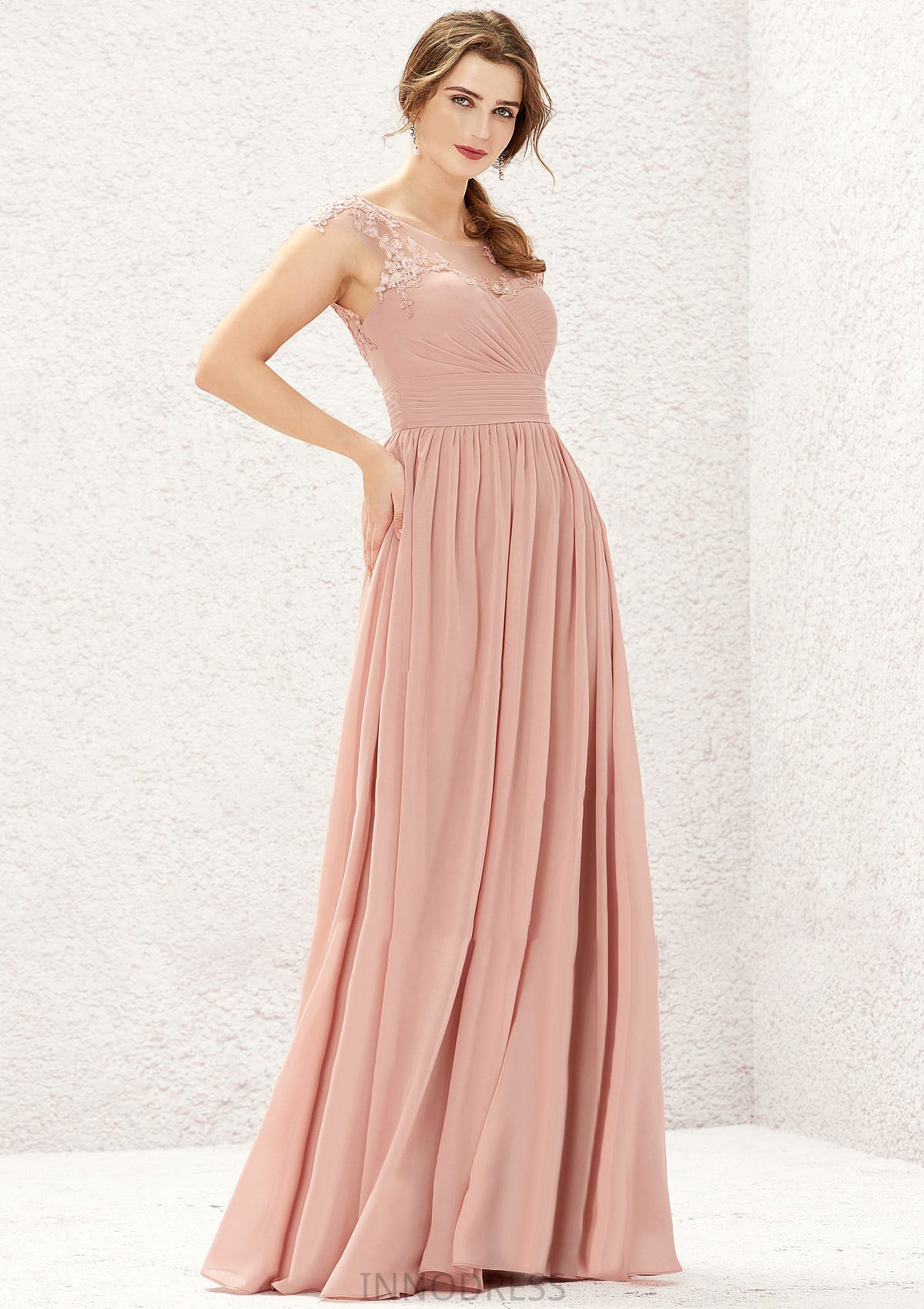 A-line Illusion Neck Sleeveless Chiffon Long/Floor-Length Bridesmaid Dresses With Appliqued Pleated Natalee DPP0025636