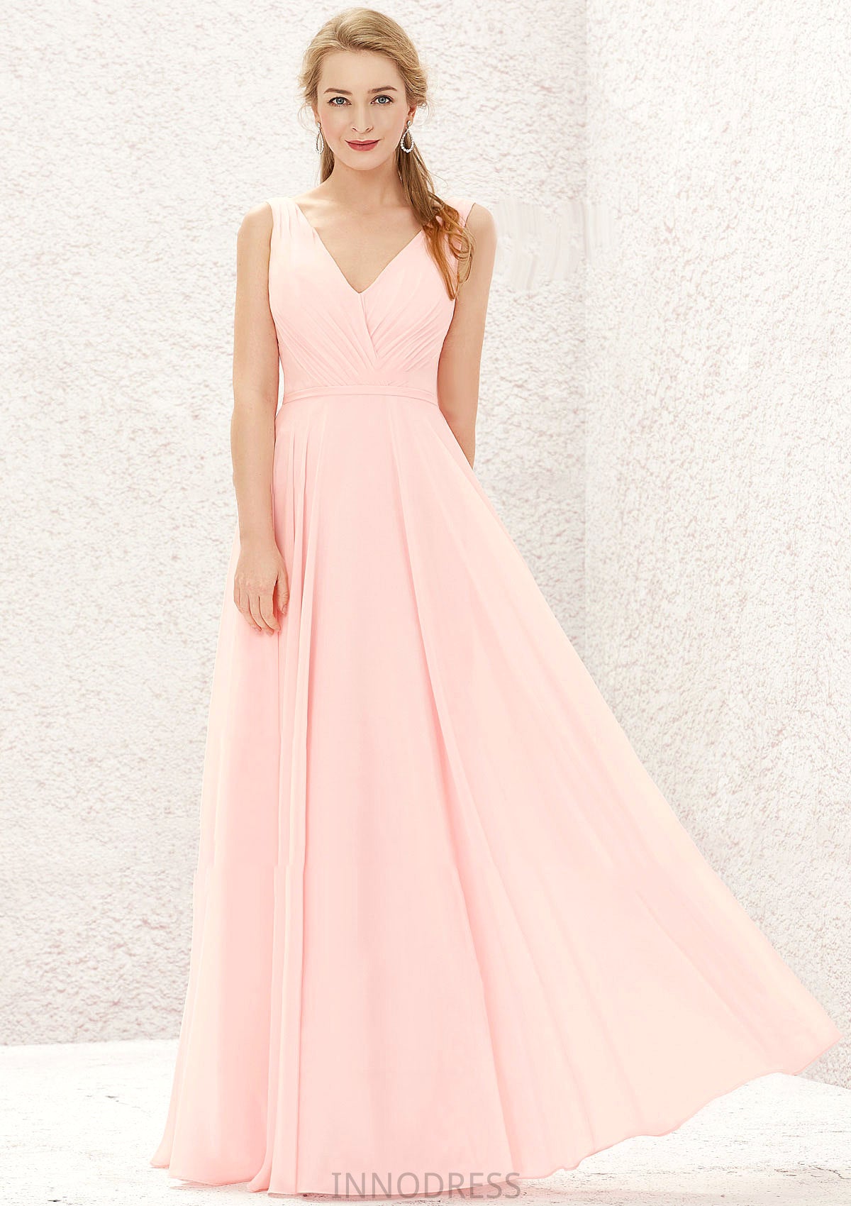 A-line V Neck Sleeveless Chiffon Long/Floor-Length Bridesmaid Dresses With Pleated Rayna DPP0025637