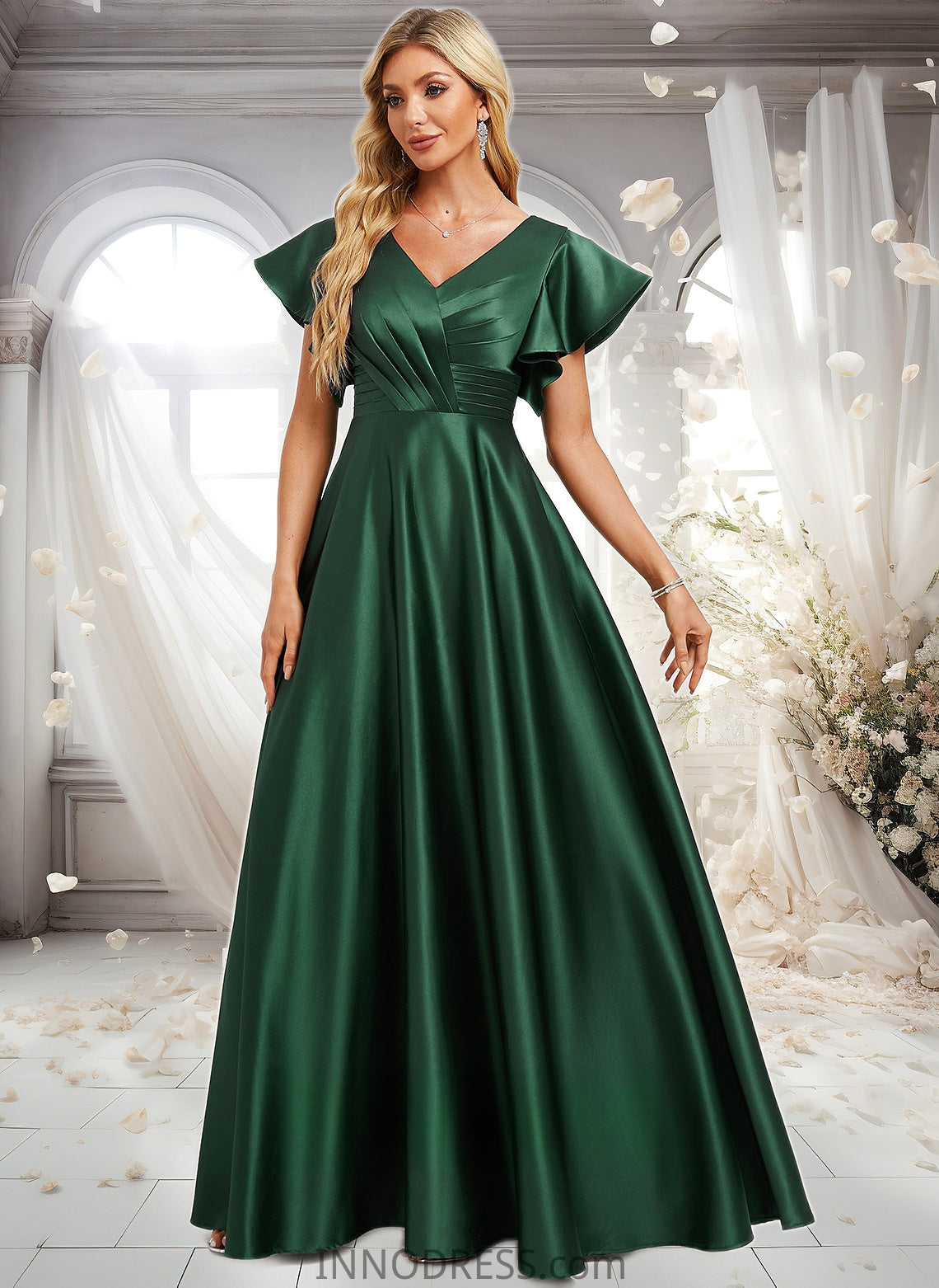 Valerie A-line V-Neck Floor-Length Satin Bridesmaid Dress With Ruffle DPP0025777