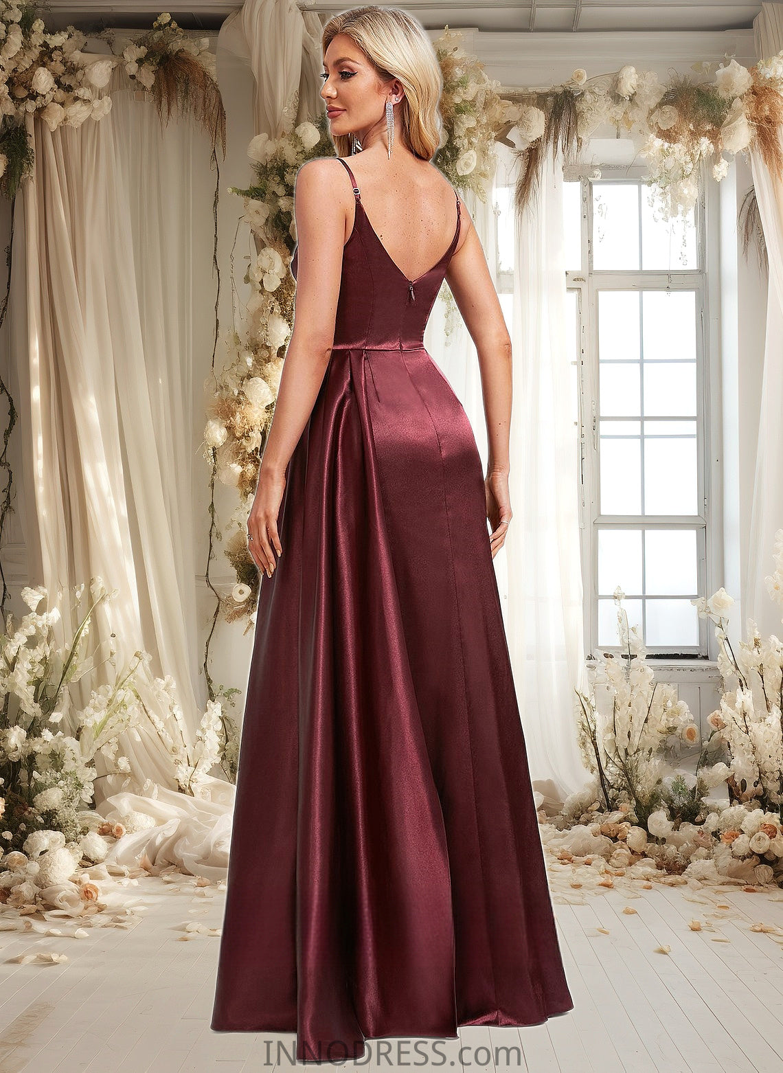 Heaven A-line V-Neck Floor-Length Stretch Satin Bridesmaid Dress With Ruffle DPP0025785