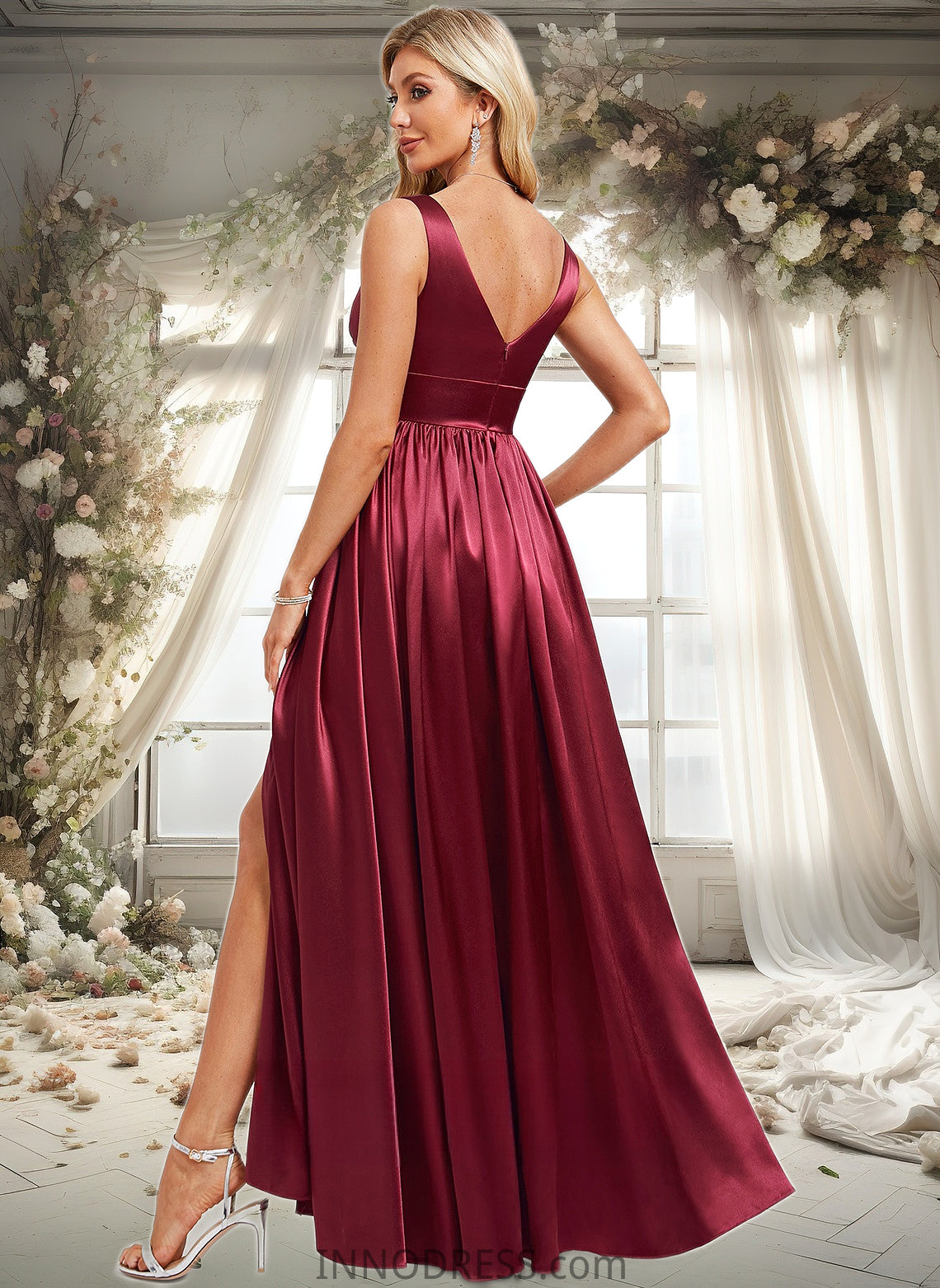 Azul A-line V-Neck Floor-Length Stretch Satin Bridesmaid Dress DPP0025771