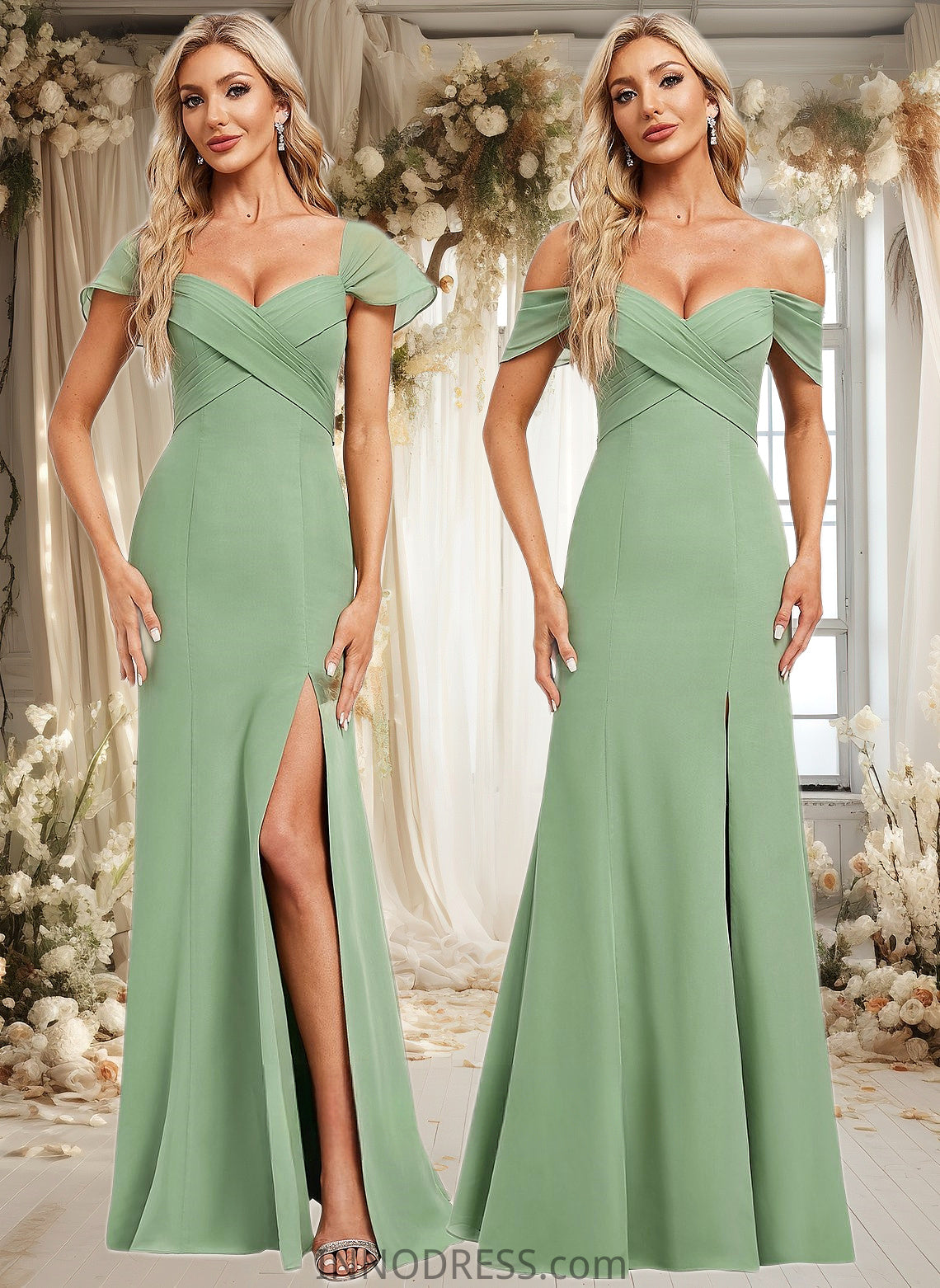 Lesley Trumpet/Mermaid Off the Shoulder V-Neck Floor-Length Chiffon Bridesmaid Dress DPP0025810