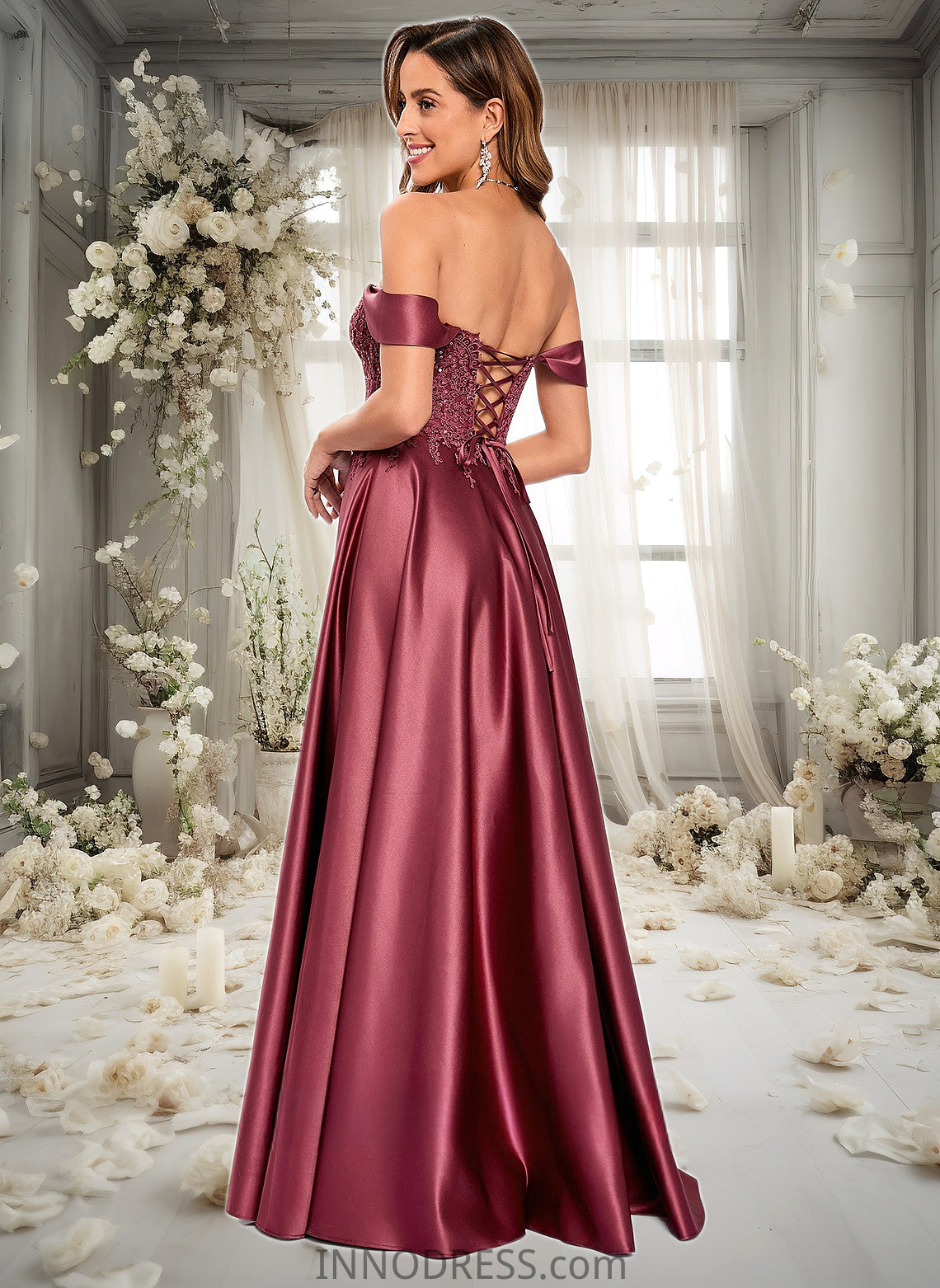 Reese A-line Off the Shoulder Floor-Length Satin Lace Prom Dresses With Sequins DPP0025841